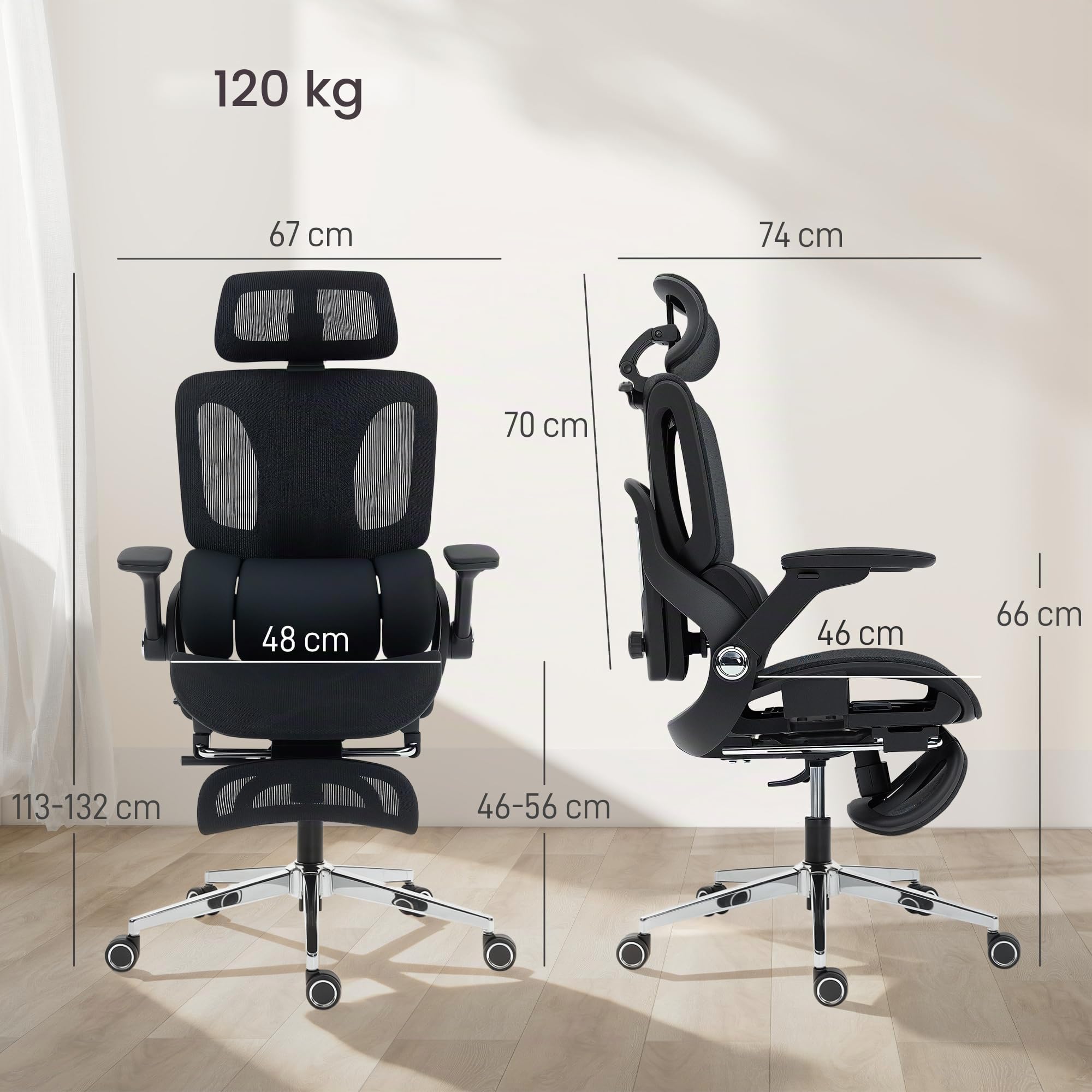 HOMCOM Silla de Escritorio Ergonómica con Reposapiés, Malla Transpirable | Silla de Oficina Giratoria, Respaldo Reclinable y Alto, Soporte Lumbar, Reposacabezas Ajustable, Reposabrazos 4D, Ruedas