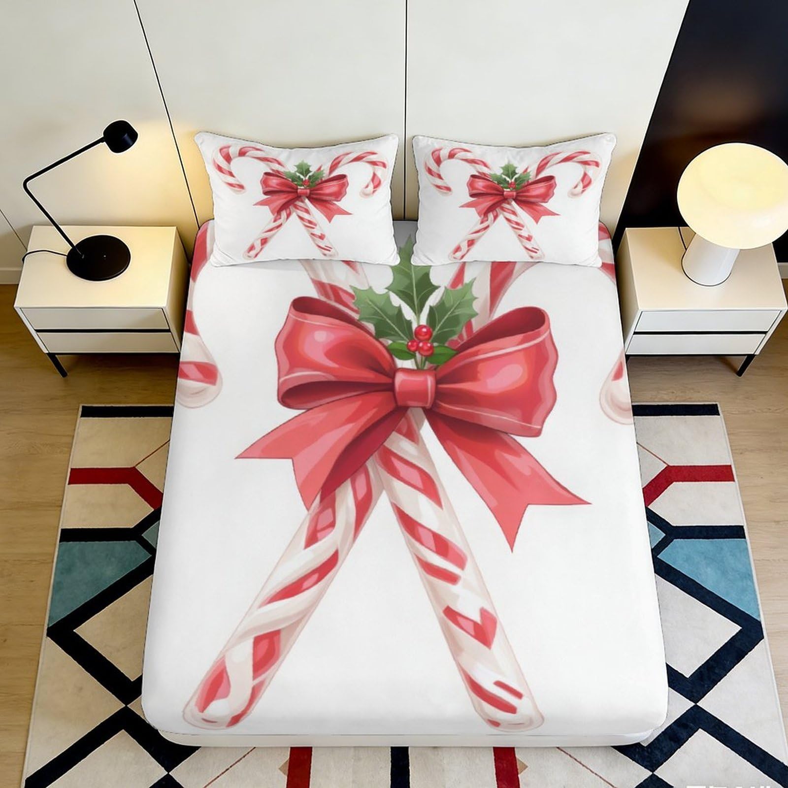 Pnayamiorkfel Style-4 3D Printed Christmas Candy Cane Fitted Sheet Microfiber Red Bow Mattress Cover Washable Anti-Slip Festive Bedroom Decor 90X200x25cm