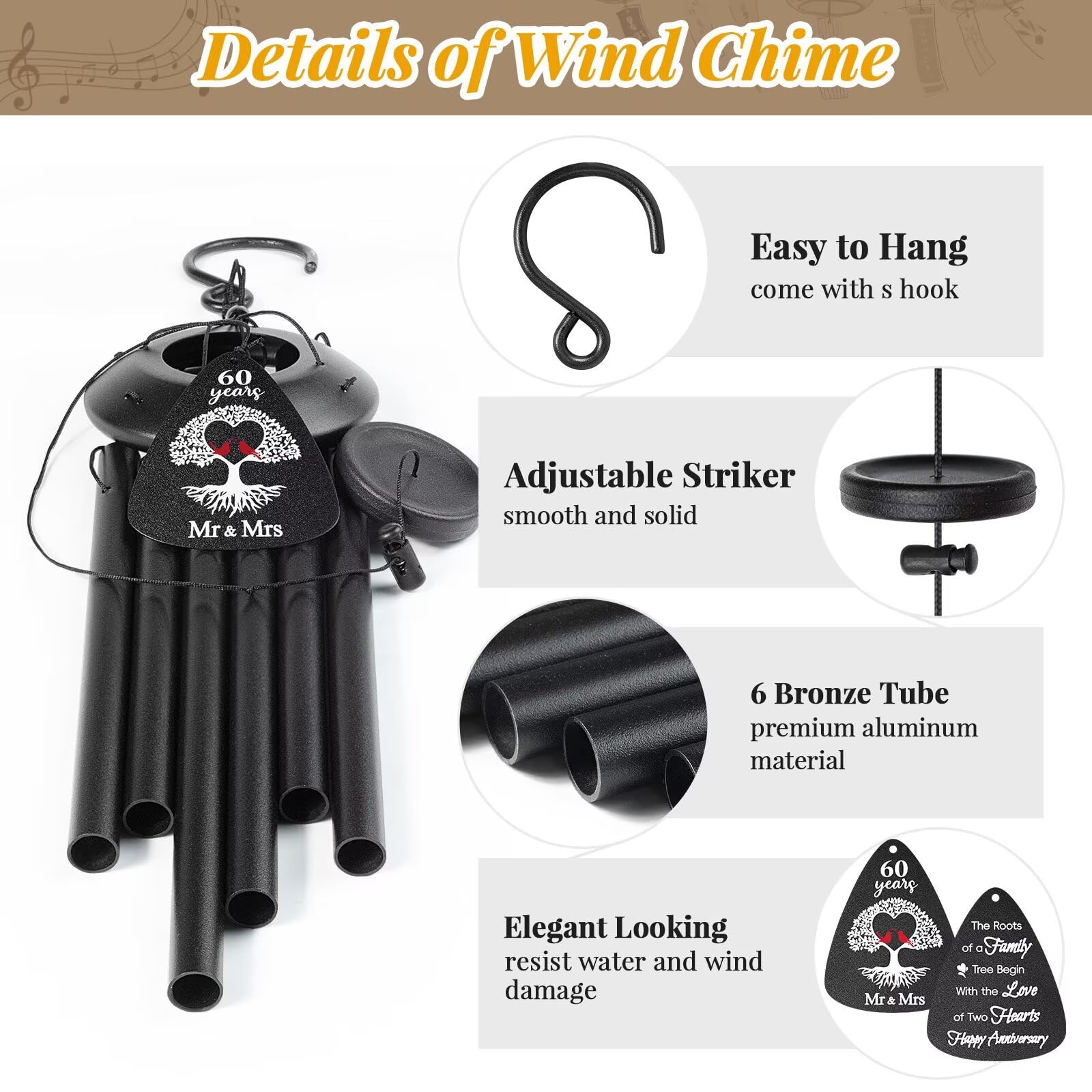 60th Anniversary Wind Chimes Gifts for Men Women,Romantic 60 Year Anniversary for Couples, Wife, Husband, Parents, Friends, 60th Wedding Gifts Idea of Happy Anniversaries Decorations,Black