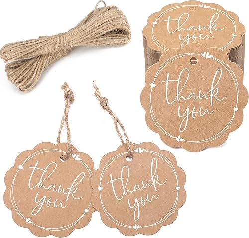 joycraft 100 etiquetas de regalo de agradecimiento con cuerda, papel blanco redondo festoneado, etiquetas colgantes para regalo, etiquetas de regalo