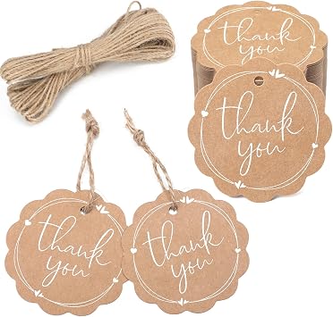 joycraft 100Pcs Thank You Gift Tags with String, 2.36 in Brown Scalloped Round Kraft Paper Gift Wrap Hangtags, Personalized Party Favor Hangtags for Wedding, Baby Shower, Bridal Shower