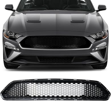 Fit 2018-2023 Ford Mustang Mesh Style Glossy Black Grille | IKON MOTORSPORTS, ABS Replacement Front Bumper Hood Grill Front Upper Grille