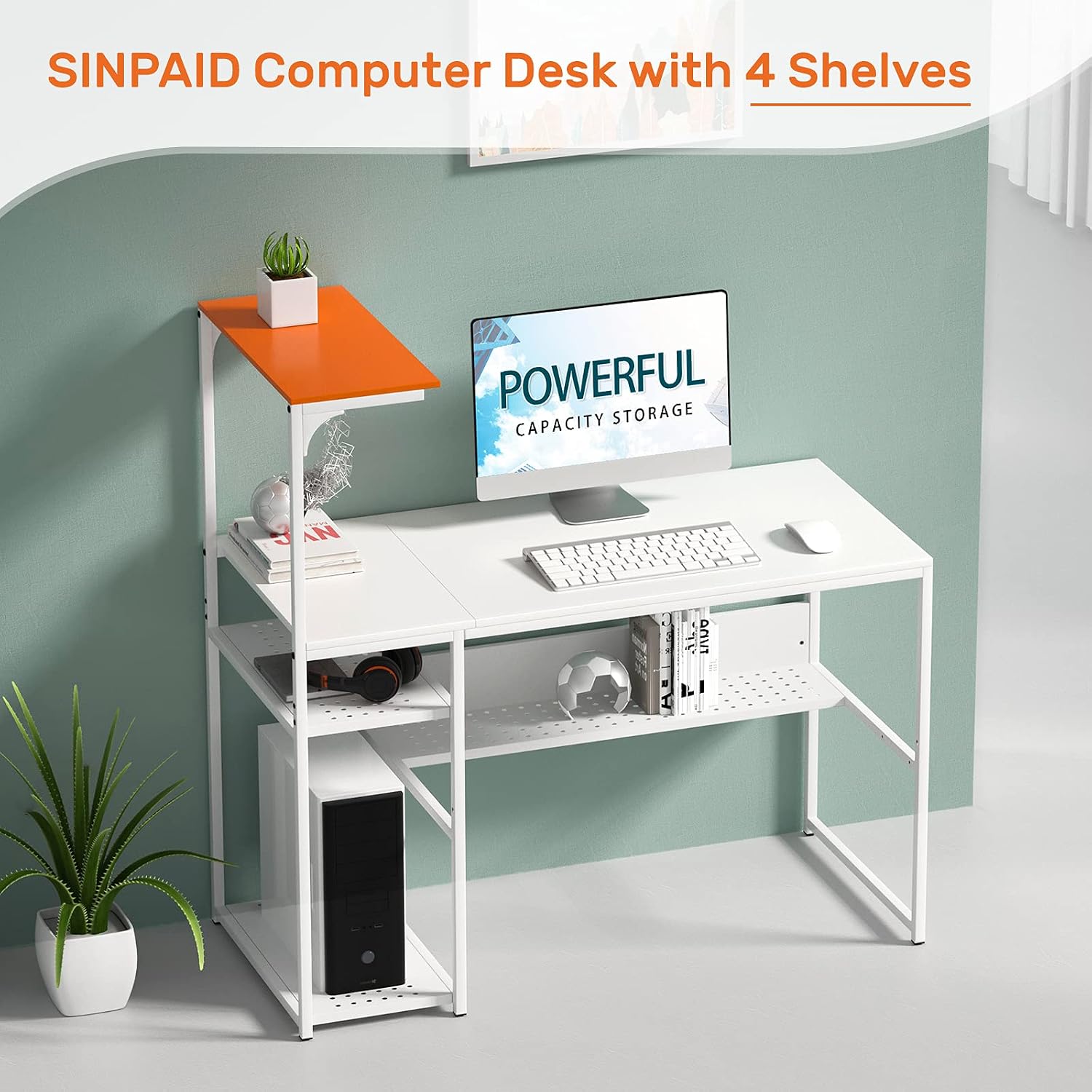 SINPAID Home Office Computer Desk, 47 Inch Study Writing Table, Modern Simple Style PC Desk,Space Saving, Easy to Assemble, for Small Space Bedroom, (Persimmon & White)
