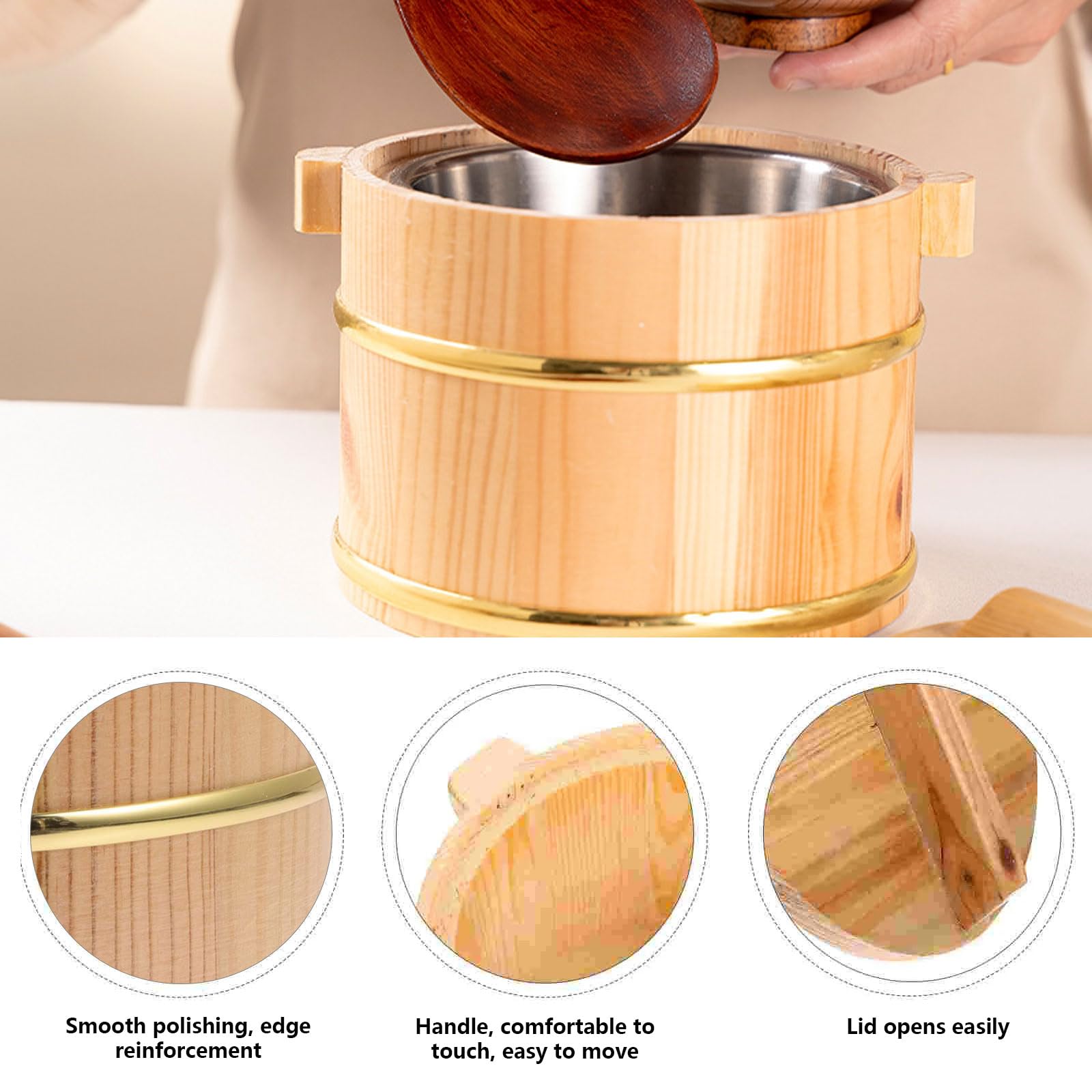 Cubo de Madera para arroz, Tina para Sushi, Cuenco con Tapa, Cubo de Madera para arroz al Vapor, vajilla de Restaurante japonés, Recipiente para Alimentos, 20 cm