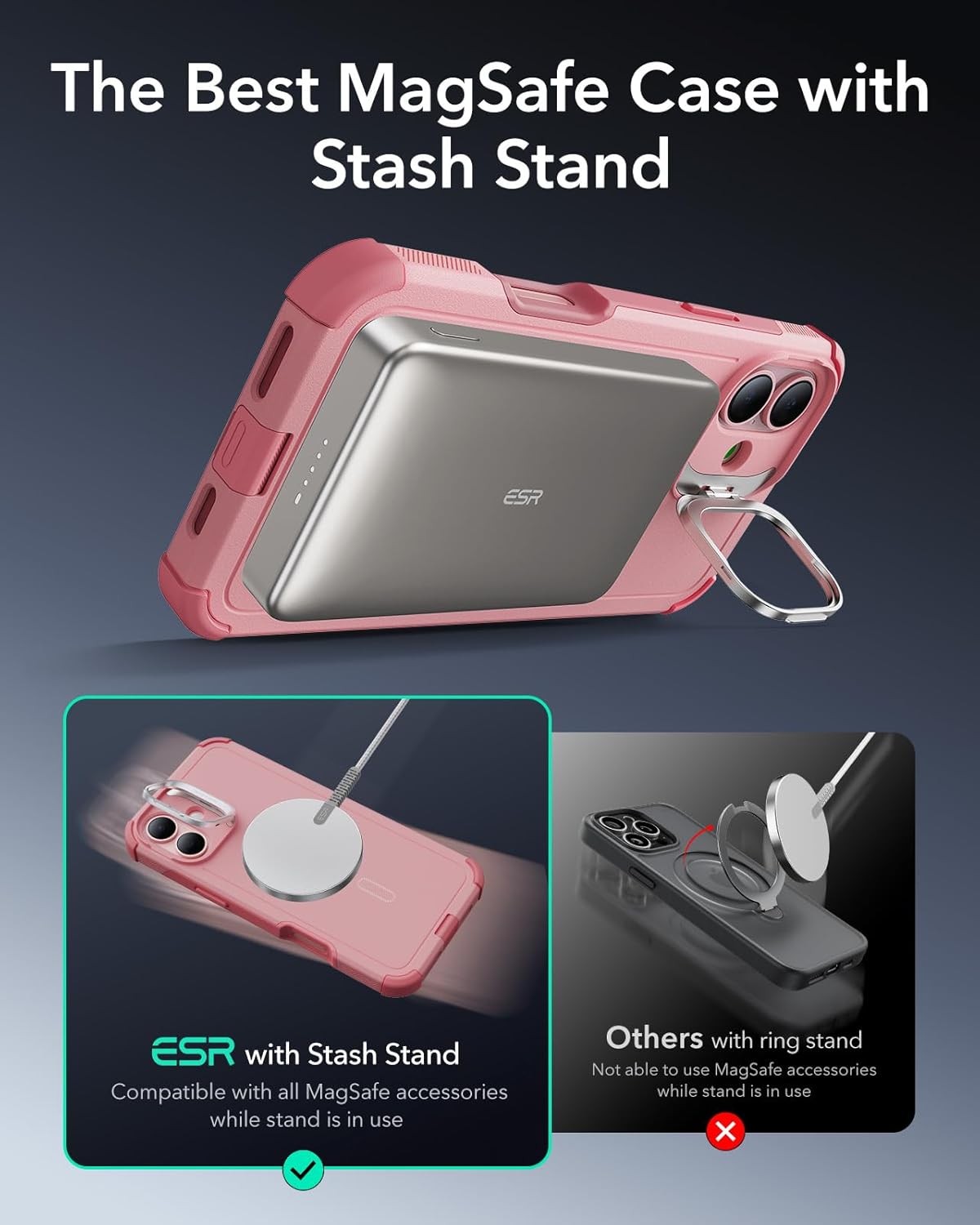 ESR for iPhone 16 Case with Stand, 23 ft Military-Grade Drop Protection, Heavy Duty Magnetic Phone Case, Compatible with MagSafe Accessories, Cyber Series, Pink - Image 6