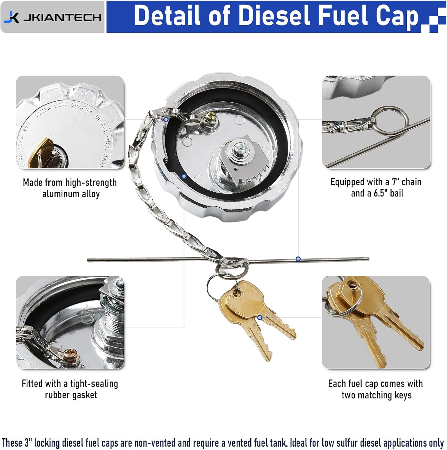 20770691 3" Locking Fuel Cap (2pcs), Compatible with Volvo VN/VNL Heavy Duty Trucks Models, Aluminum Diesel Fuel Tank Cap, Replaces 20511590 S23949 VOL20770691