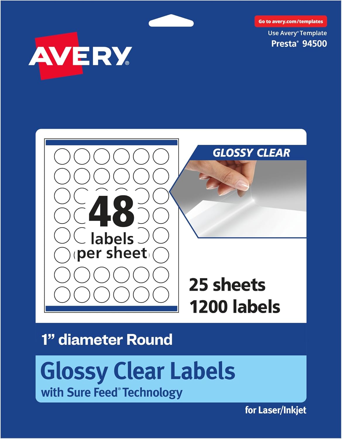 Avery Glossy Clear Round Labels, Sure Feed Technology, 1" Diameter, 1,200 Glossy Clear Labels, Print-to-The-Edge, Laser/Inkjet Printable