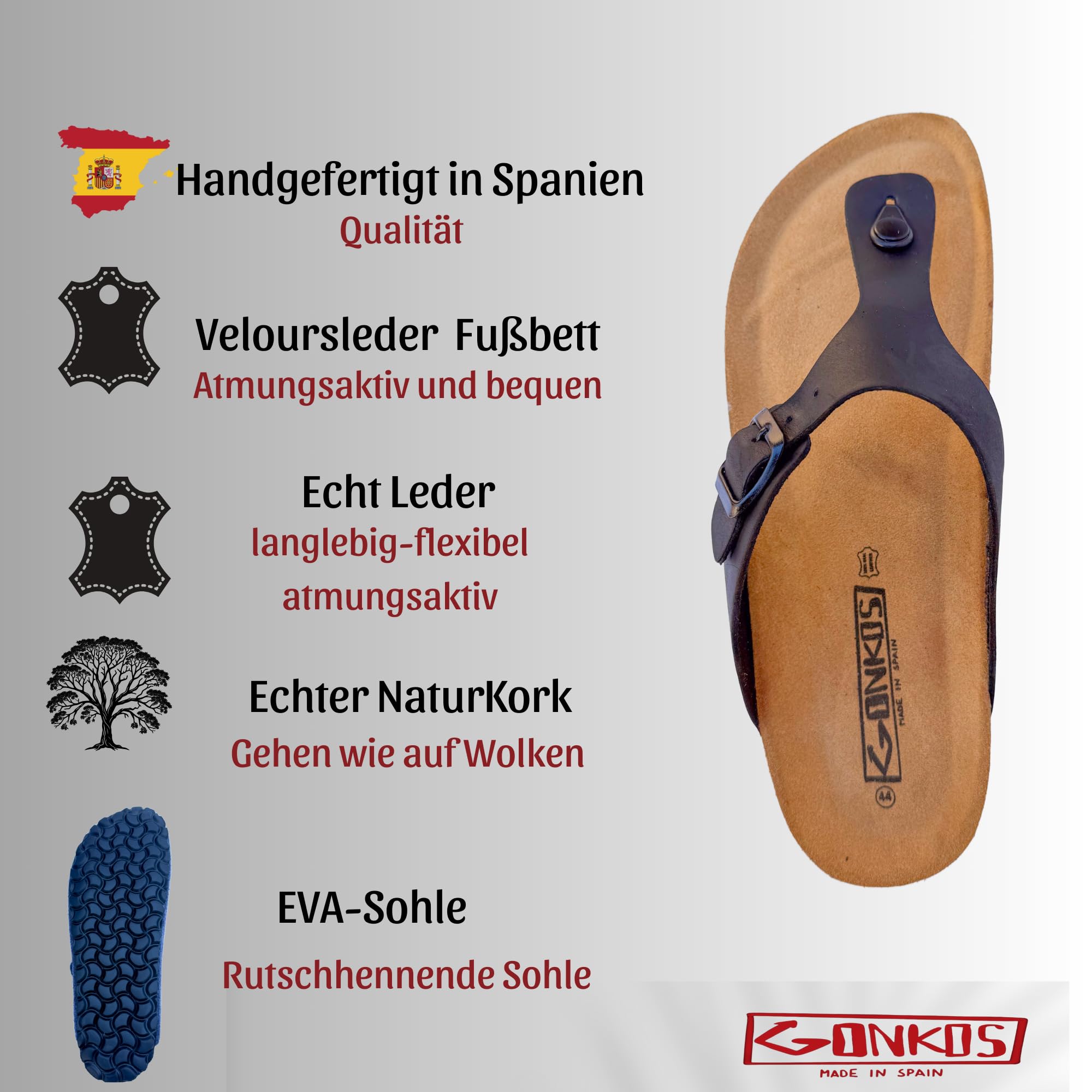 Ledersandale, anatomische Kork-Einlegesohle, echtes Leder, Naturkork, verstellbare Schnalle am Fuß, Unisex Zehentrenner, Qualitätssandale Made in Spain, Farbe Schwarz, Größe 46