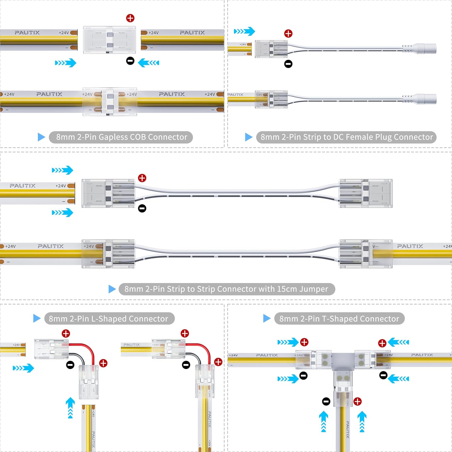 PAUTIX 8mm Connectors for 2-Pin COB LED Strip Lights,4pcs Transparent Gapless Connectors,4pcs Dual End,1pc Single to DC Female Plug 7.9in Extension Wire,2pcs L-shaped Connectors,1pc T-shaped Connector - Image 2