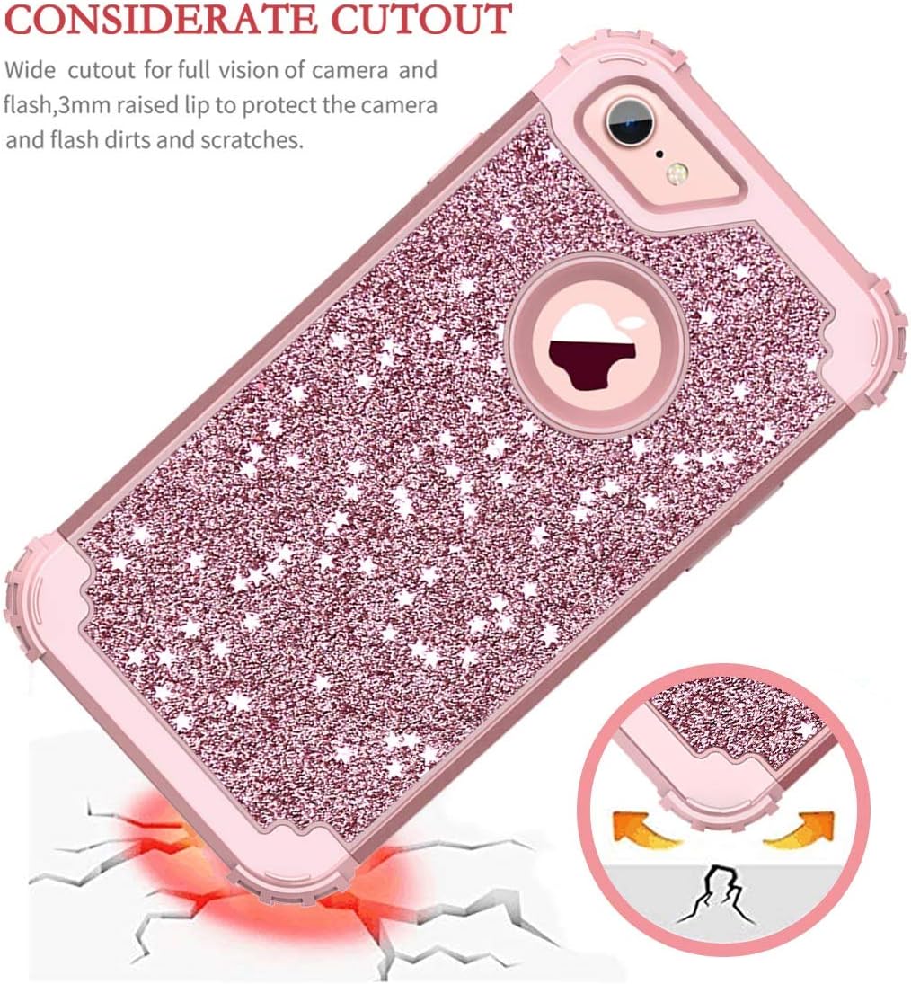 Hekodonk for iPhone 8/7 Case,3 Layer Luxury Bling Sparkle Shiny Heavy Duty Shockproof Fullbody Protective Impact Hybrid Cover for Apple iPhone 8/ iPhone 7 Glitter Rose Gold