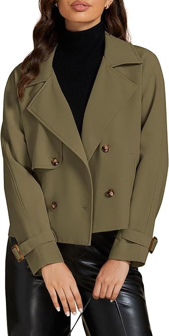 luvamia Cropped Trench Coat for Women Long Sleeve Double Breasted Notched Lapel Casual Loose Fit Jackets with Pockets