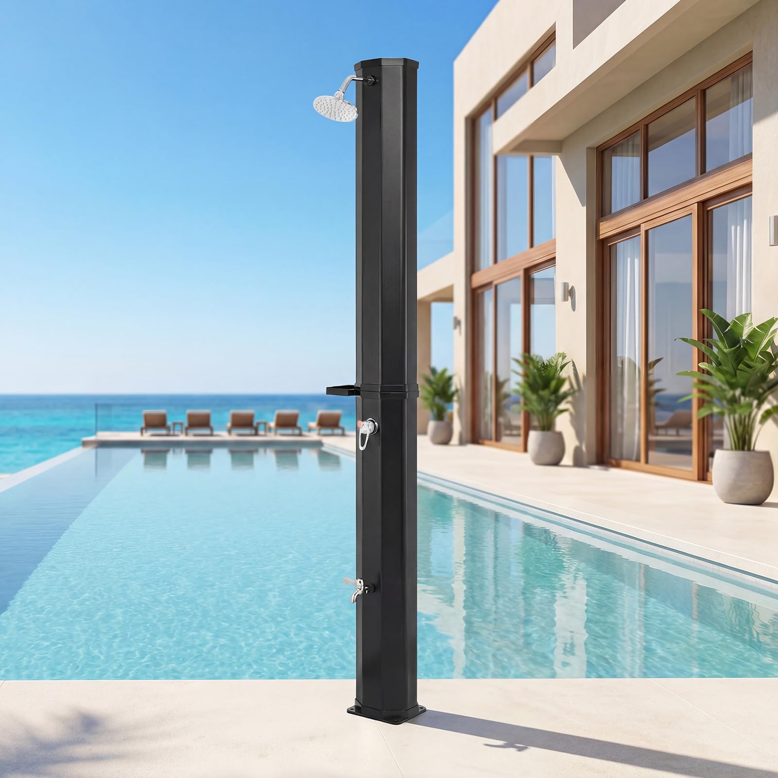COSTWAY Solardusche 60L inkl. Abdeckung | Gartendusche mit Ablage, Regenduschkopf und Wasserhahn | warmes Wasser | max. 60°C | ohne Stromanschluss | Pooldusche Camping (Schwarz)