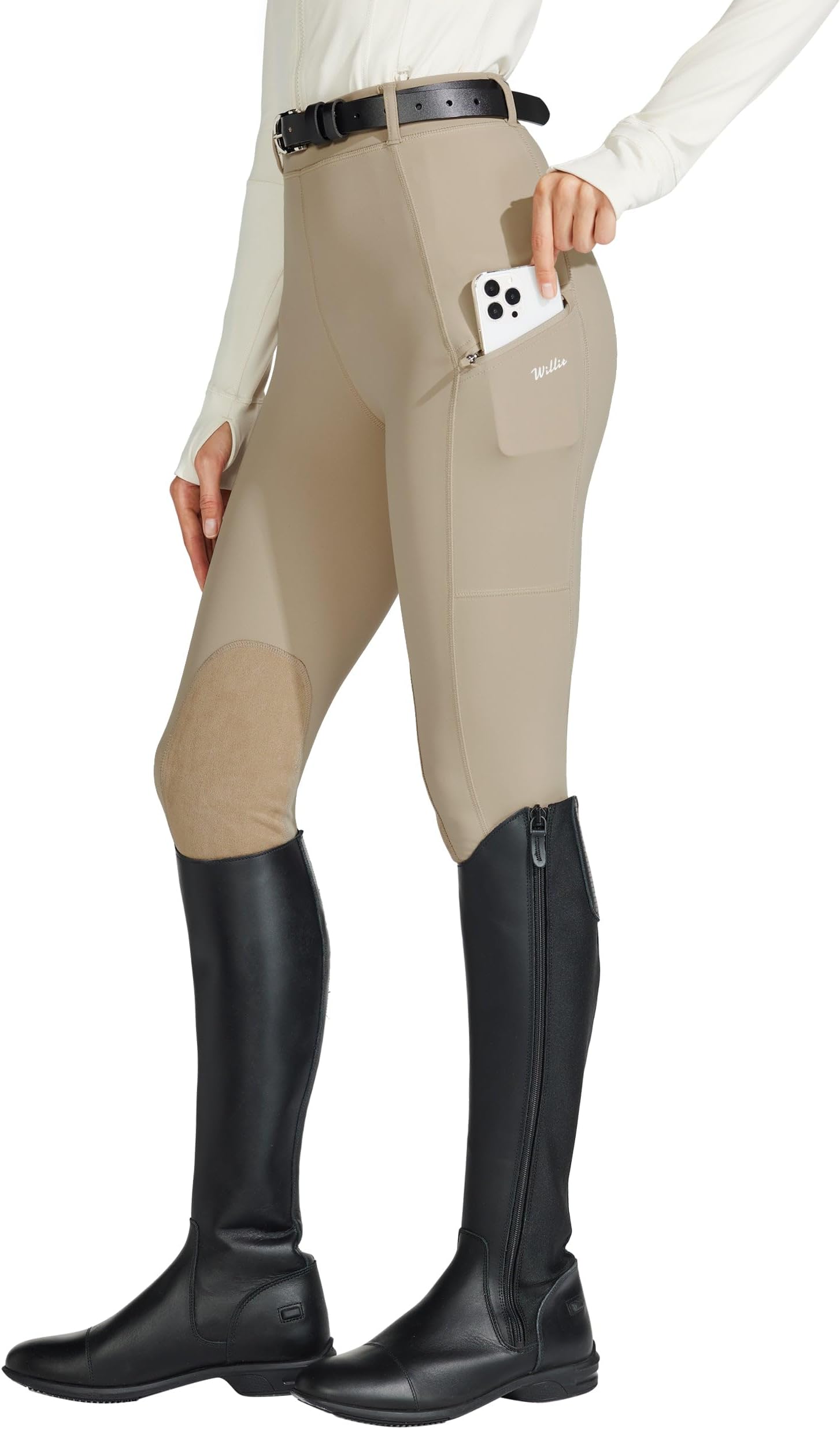 Women's Horse Riding Pants Knee-Patch Equestrian Breeches Horseback Schooling Tights Zipper Pockets