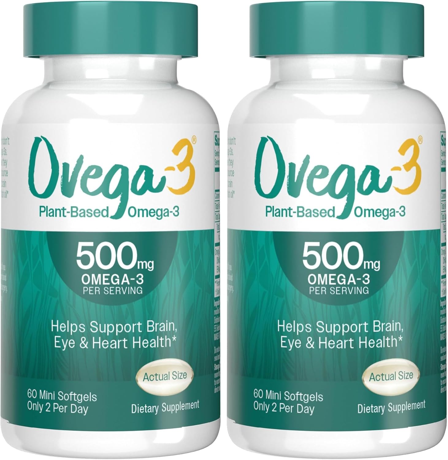 OVEGA-3 Plant-Based Omega-3 from Algal Oil Daily Supplement, 500mg, Supports Brain, Eye & Heart Health, Two Mini softgels per Day, 60 Count (Pack of 2)