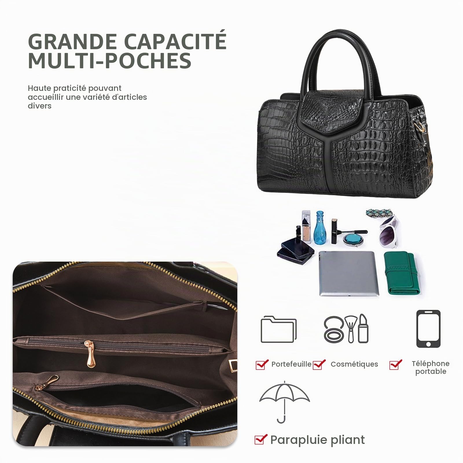 NICOLE & DORIS Sac à Main Femme Crocodile Sac Bandoulière PU Cuir Sac D'épaule Imperméable Sacs à Main Portés Epaule Elegant Sac Rétro Vintage