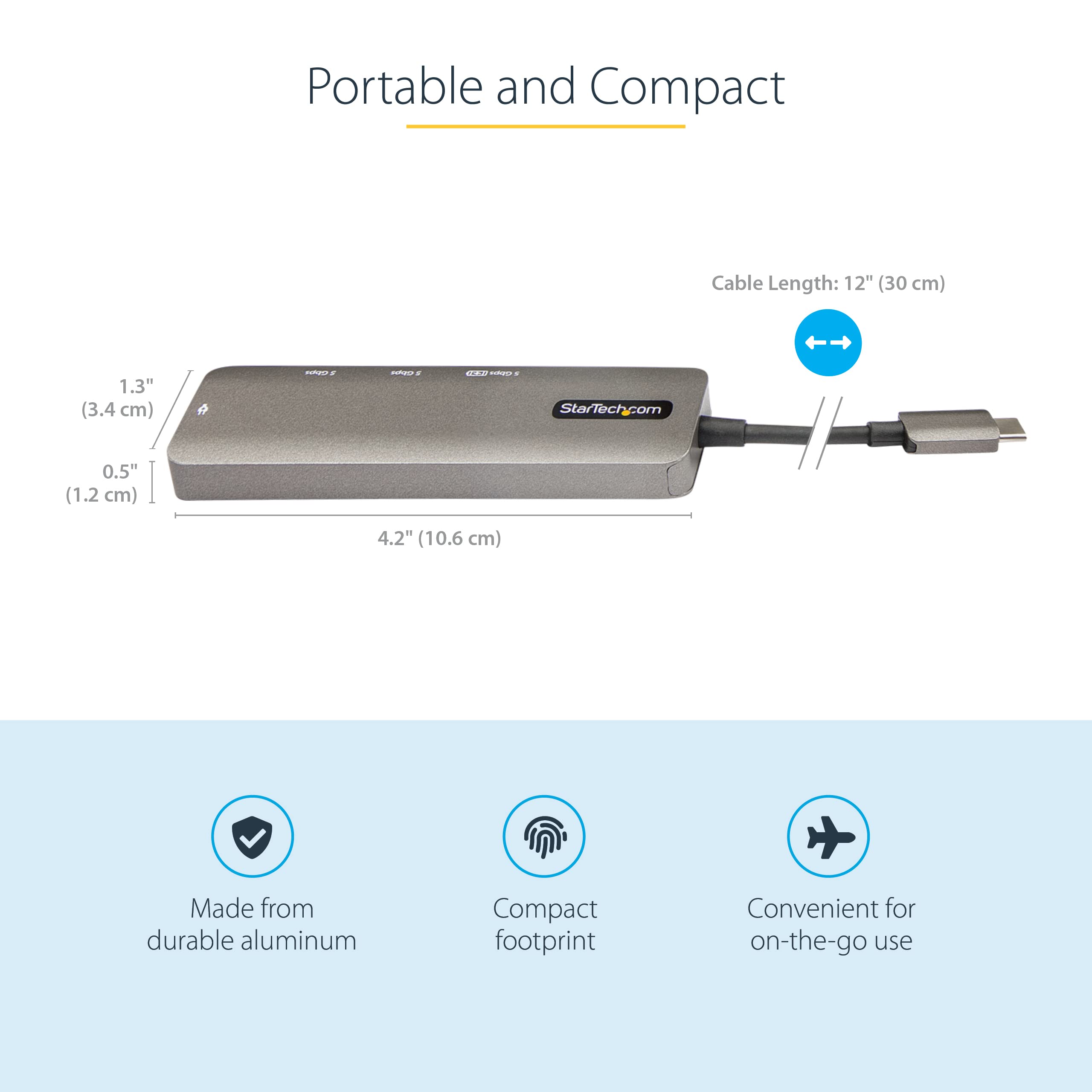 StarTech.com Wieloportowy adapter USB C, USB-C na HDMI 2.0b 4K 60Hz (HDR10), zasilanie 100 W, 4-portowy hub USB 3.0, mini stacja dokująca USB typu C, kabel 12" (30 cm) długi kabel (DKT30CHPD3)