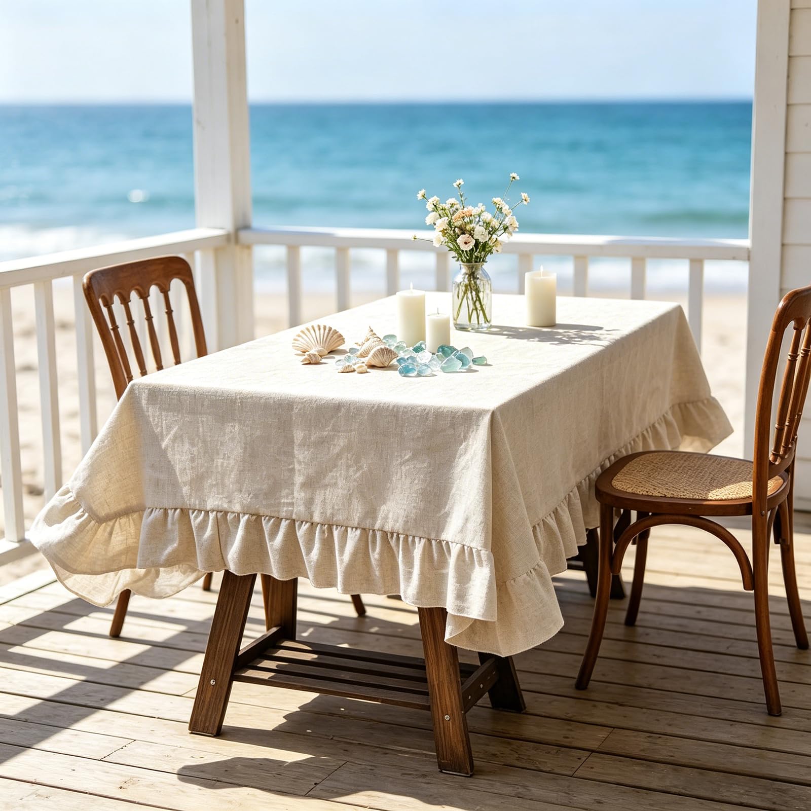 Aeici Nappe de Jardin Beige 140x260 cm, Grande Nappe en Lin à Volants | Couverture de table rectangulaire résistante et anti-poussière. Idéale pour grandes tables de terrasse et fêtes.