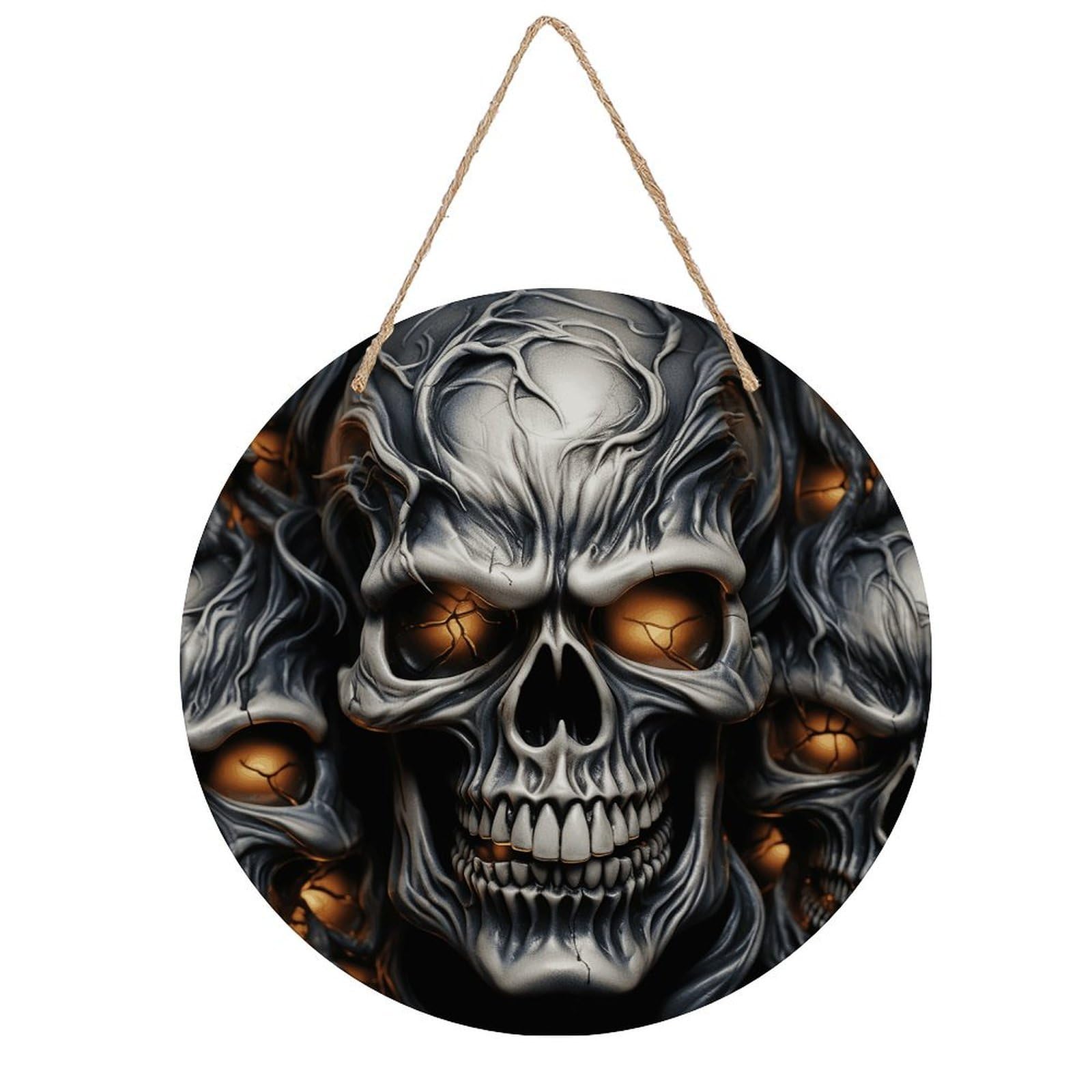 VstaDank Cool Evil Skull Wall Decor Round Wood Hanging Sign 7.9x7.9 in Wooden Circle Door Hanger with Ropes, Rustic Wall Art Decor for Home Front Door Indoor Outdoor Decoration