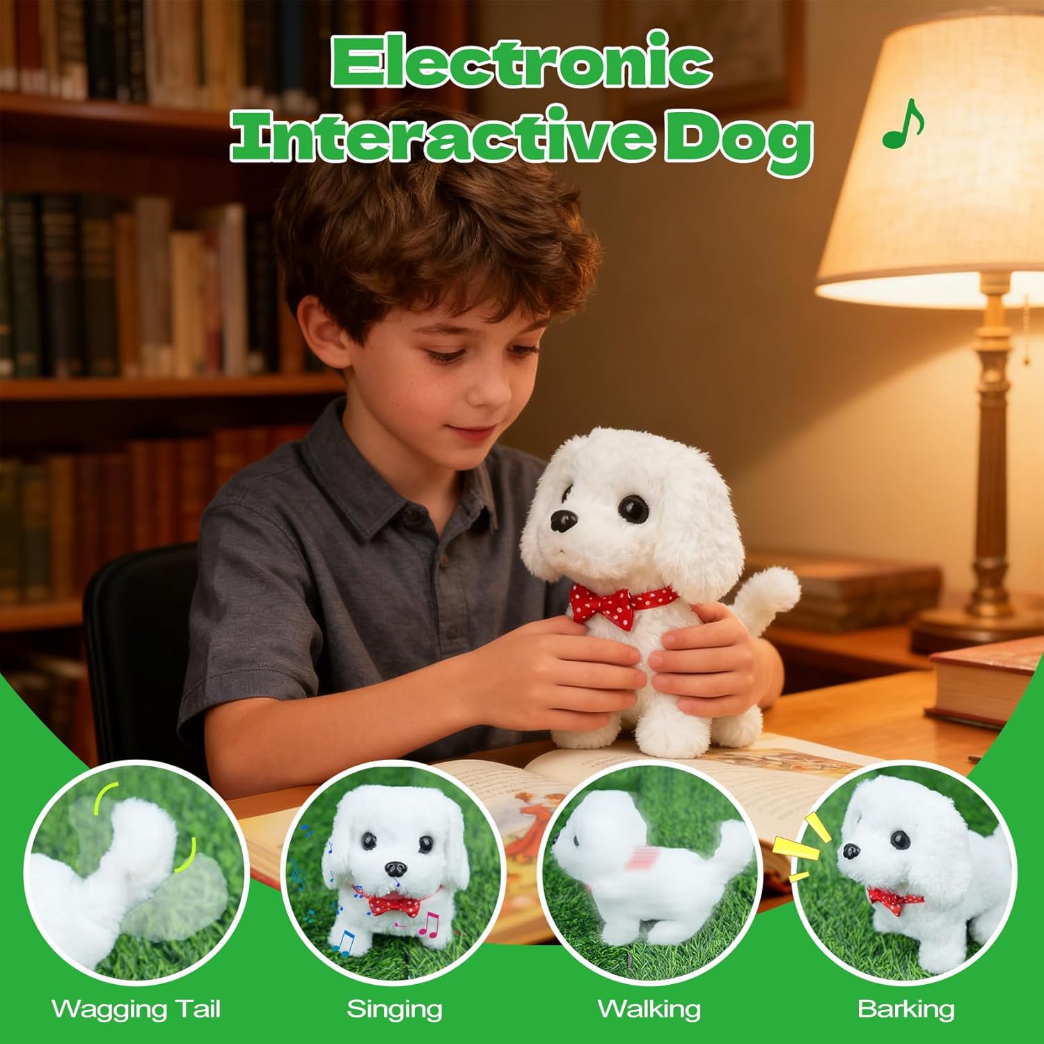 Electronic Interactive Dog Toy, White Plush Puppy with Wagging Tail, Singing, Walking, and Barking Functions, Red Bow Tie, Battery Powered Pet Toy for Kids