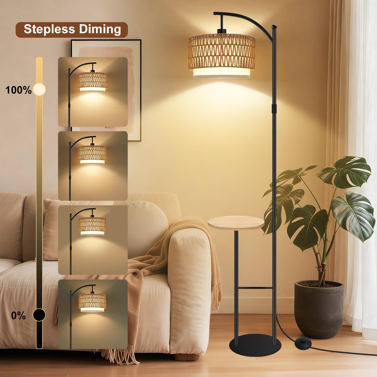 Arc Floor Lamp with Table, Boho Rattan Floor Lamps for Living Room with Remote Dimmable 3 Color Temperature, Wicker Standing Lamp Double Lampshades,Rustic Tall Lamps for Bedroom Office Corner