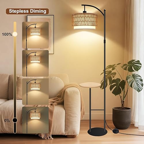 Miniatura 3 de Lámpara de pie de arco con mesa, lámparas de pie de ratán boho para sala de estar con control remoto regulable 3 temperaturas de color, lámpara de