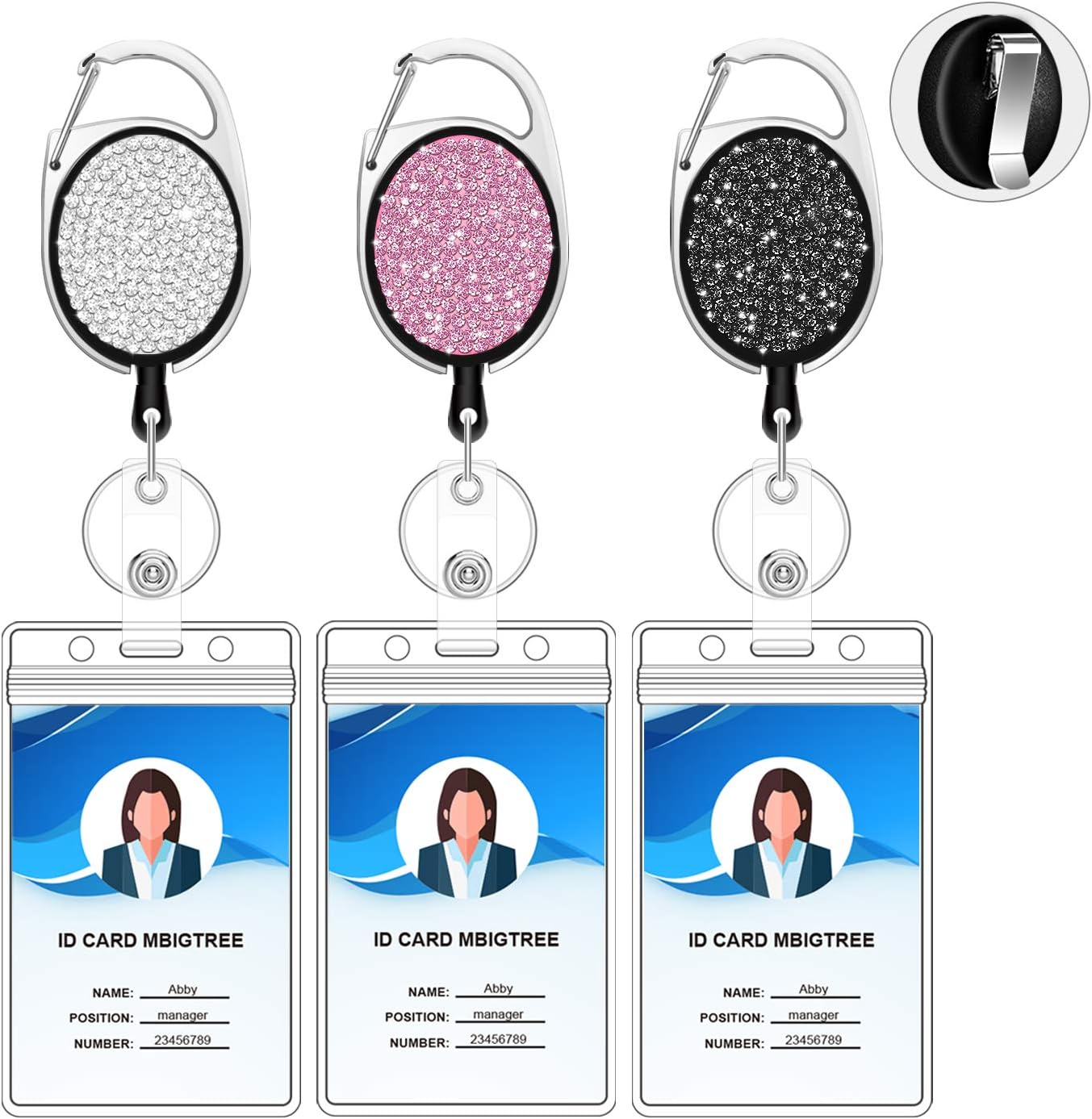 [2020 Upgraded] 3 Pack Retractable Badge Holders, Bolly Special Designed Badge Reel with Carabiner Clip, Key Ring and Clear ID Card Holders, 24 inches Thick Kevlar Pull Cord-Black/Pink/Silver