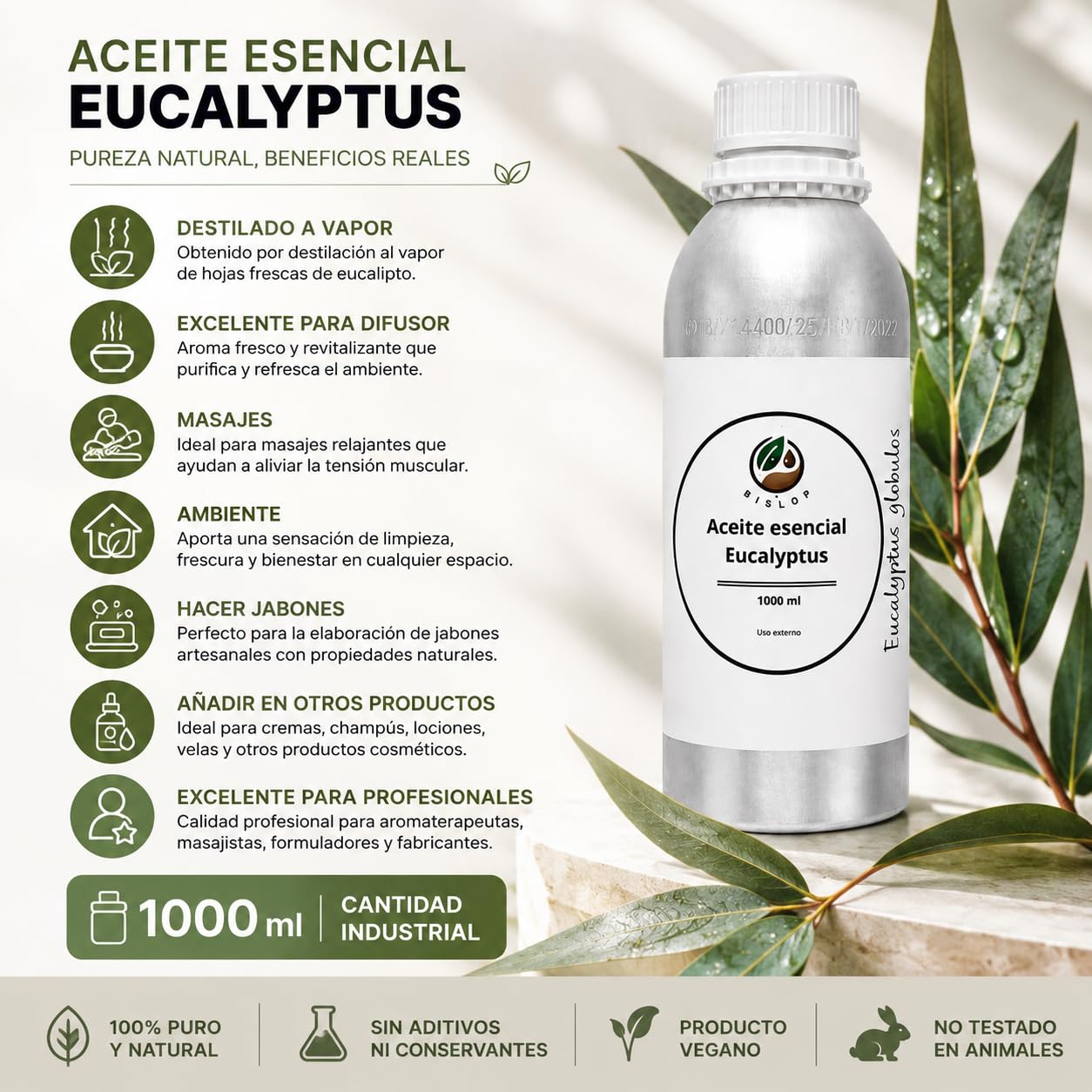 Aceite Esencial de Eucalipto 100% Puro 1 Litro (1000 ml), Destilado al Vapor, para Aromaterapia, Difusores, Spa, Baños, Jabones y Elaboración de Productos Cosméticos - BISLOP