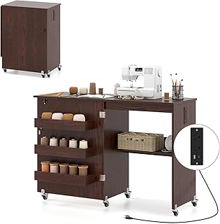 Moccha Sewing Machine Table with Charging Station, Folding Sewing Table with Storage Trays, Shelf & Rack, Lockable Casters, Foldable Sewing Desk for Home Apartment, Studio, Small Spaces