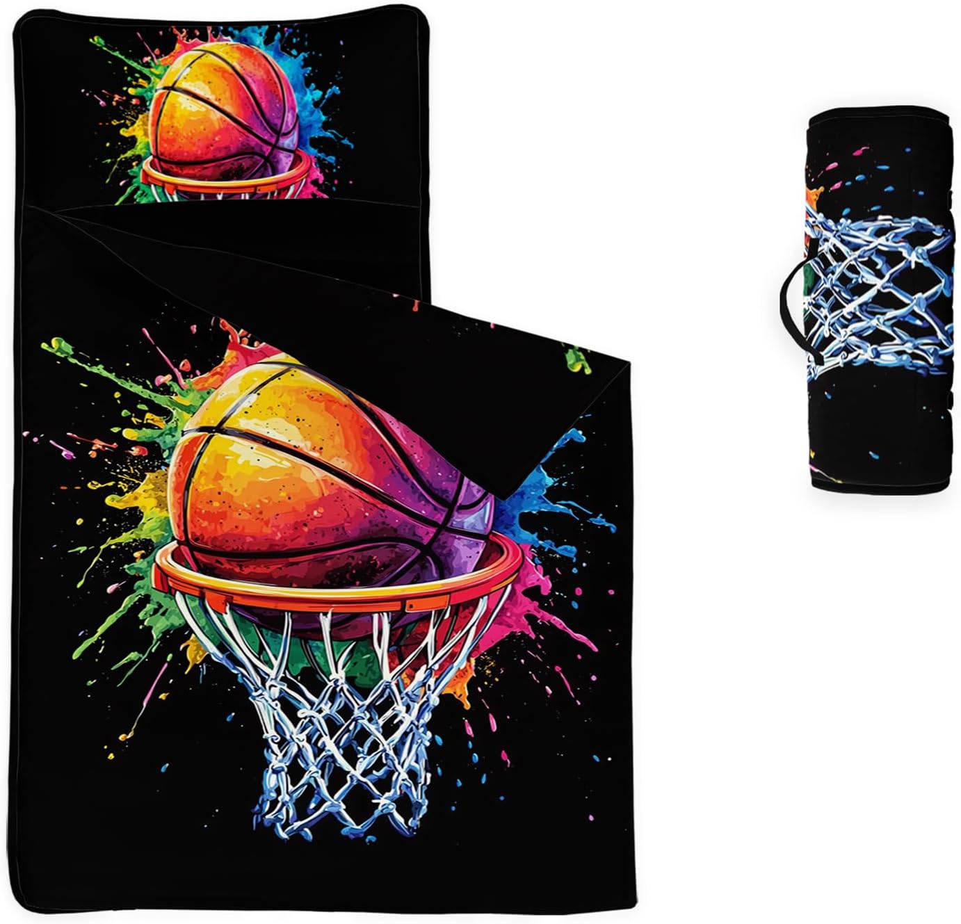Axolotl Basketball Nap Mat, Watercolor Tie-dye Basketball Slumber Bag, Colorful Graffiti Hip Hop Rolled Sleeping Mat for Teens, Ball Game Sports Portable Sleeping Bag for Travel, 50" L*21" W