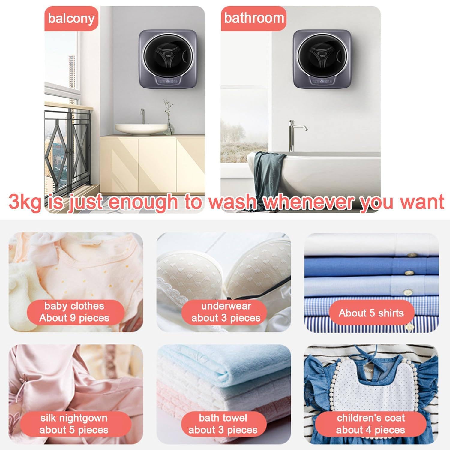 Lave-Linge à Chargement Frontal D'une Capacité De 3 Kg, Mini Machine à Laver, Machine à Laver à Tambour Murale, Pour Vêtements D'enfants, Sous-Vêtements, Chaussettes