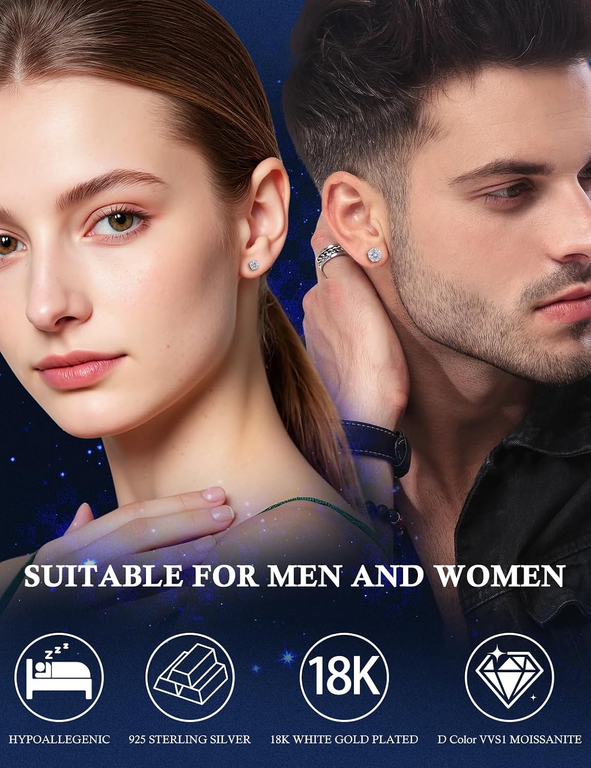 RoseJeopal Moissanite Stud Earrings, 925 Sterling Silver Earrings, 18K White Gold Plated Hypoallergenic Moissanite Silver Studs for Men Women 0.6-2.0CT