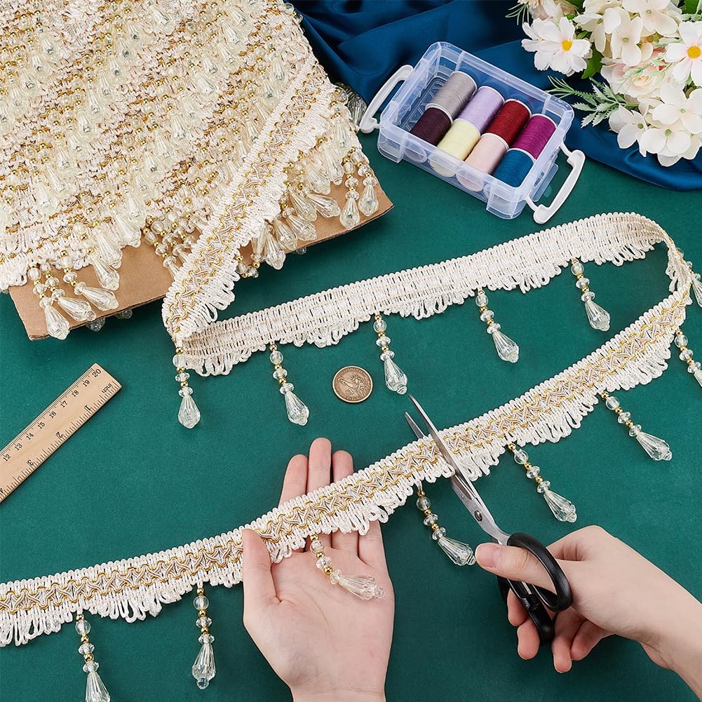 PH PandaHall 12 Yards Beaded Fringe Trim, 3-3/4 inch Sewing Trim Fringe Hanging Tassel Trim Golden Crystal Beaded Trim Lace Ribbon for Curtain Tablecloth Home Decor Dress Clothes DIY Crafting