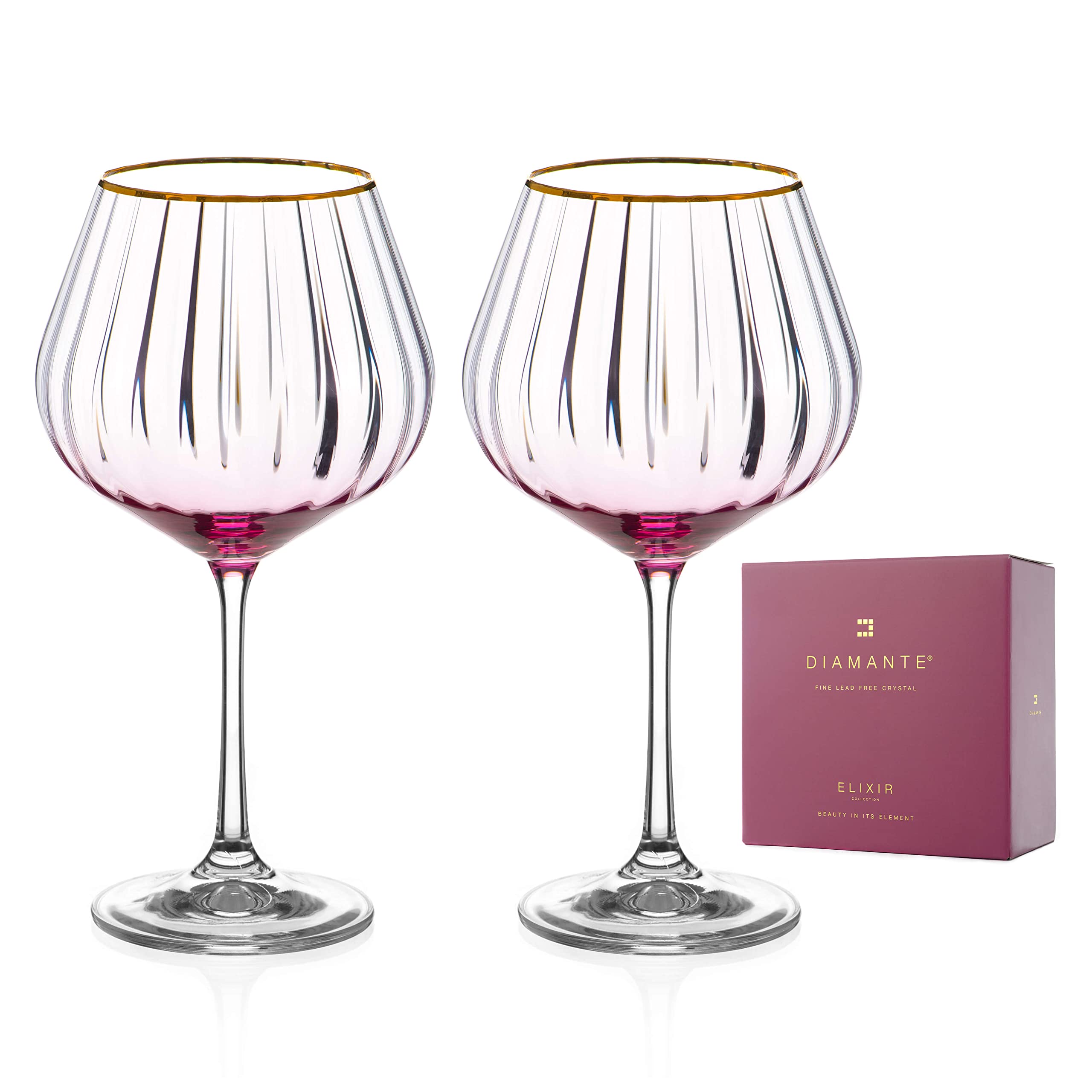 DIAMANTE Gin Glasses Copa Mirage Rosso - Juego de 2 unidades, con mancha de color rojo/rosa y borde dorado