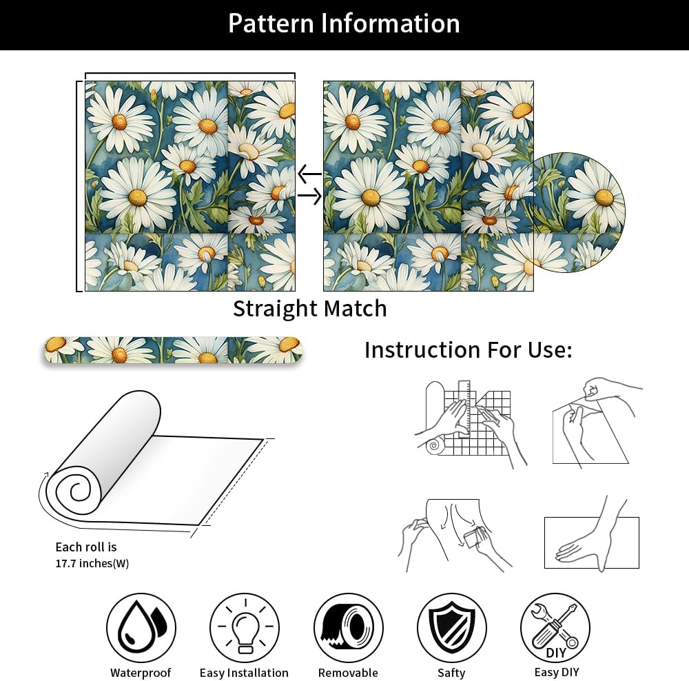 18"x236" Blue White Daisy Flower Boho Art Peel and Stick Self Adhesive Wallpaper Removable Contact Paper Stick on Easy Peel Off Wall Paper for Kitchen Bedroom Bathroom Renter