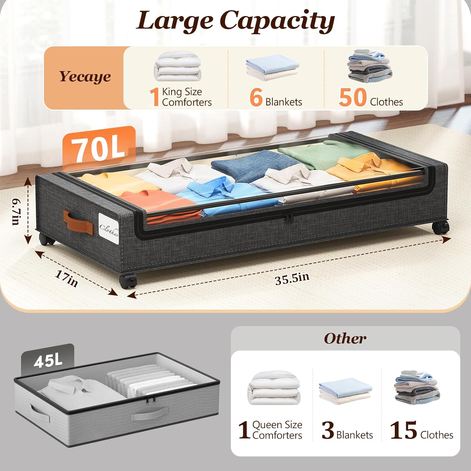 Yecaye 70L Under Bed Storage with Wheels, 2Pack Larger Capacity Under Bed Storage Containers, Underbed Shoe Storage Organizer, Rolling Under Bed Metal Drawers for Clothes, Blankets(35.5 x 17 x 6.7in) Grey Extra Large(2Pack)