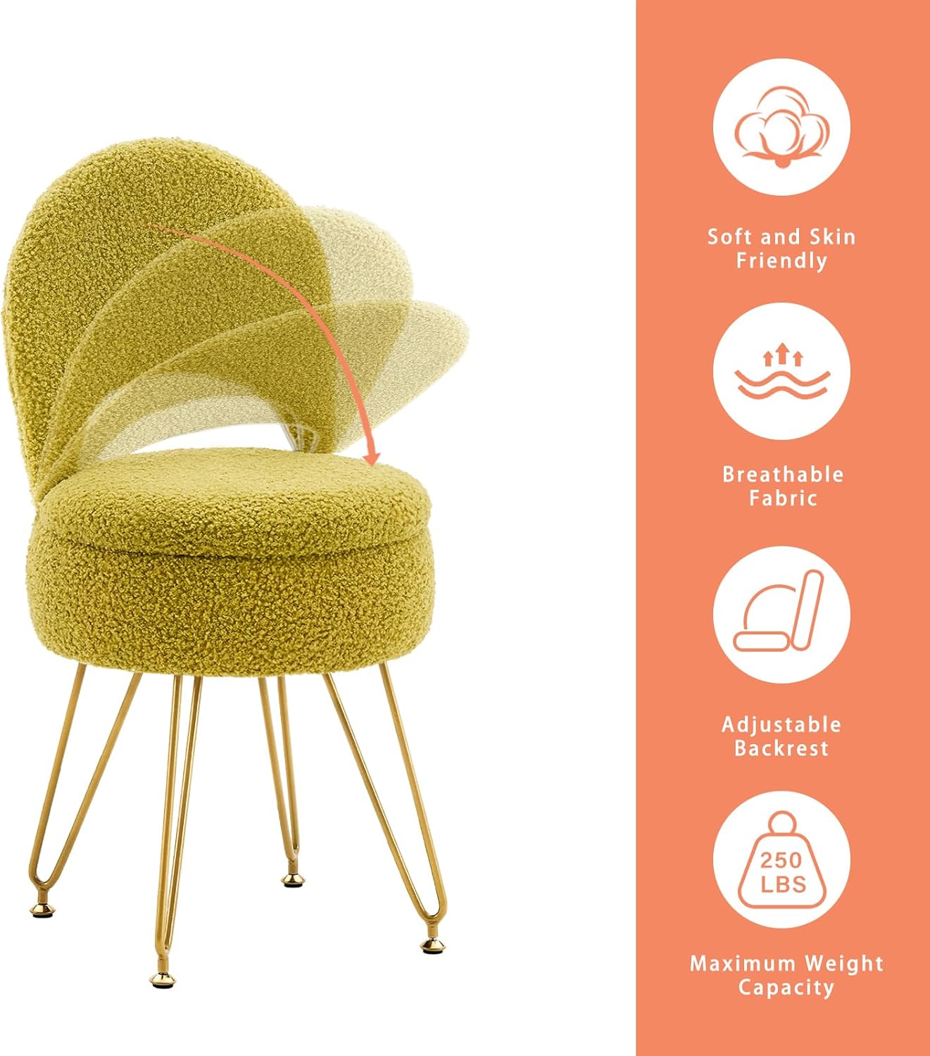 Storage Ottoman Vanity Stool Chair with Folding Back Teddy Velvet Makeup Chair Multifunctional Upholstered Footstool,4 Metal Legs with Anti-Slip Feet for Bedroom Living Room Entryway