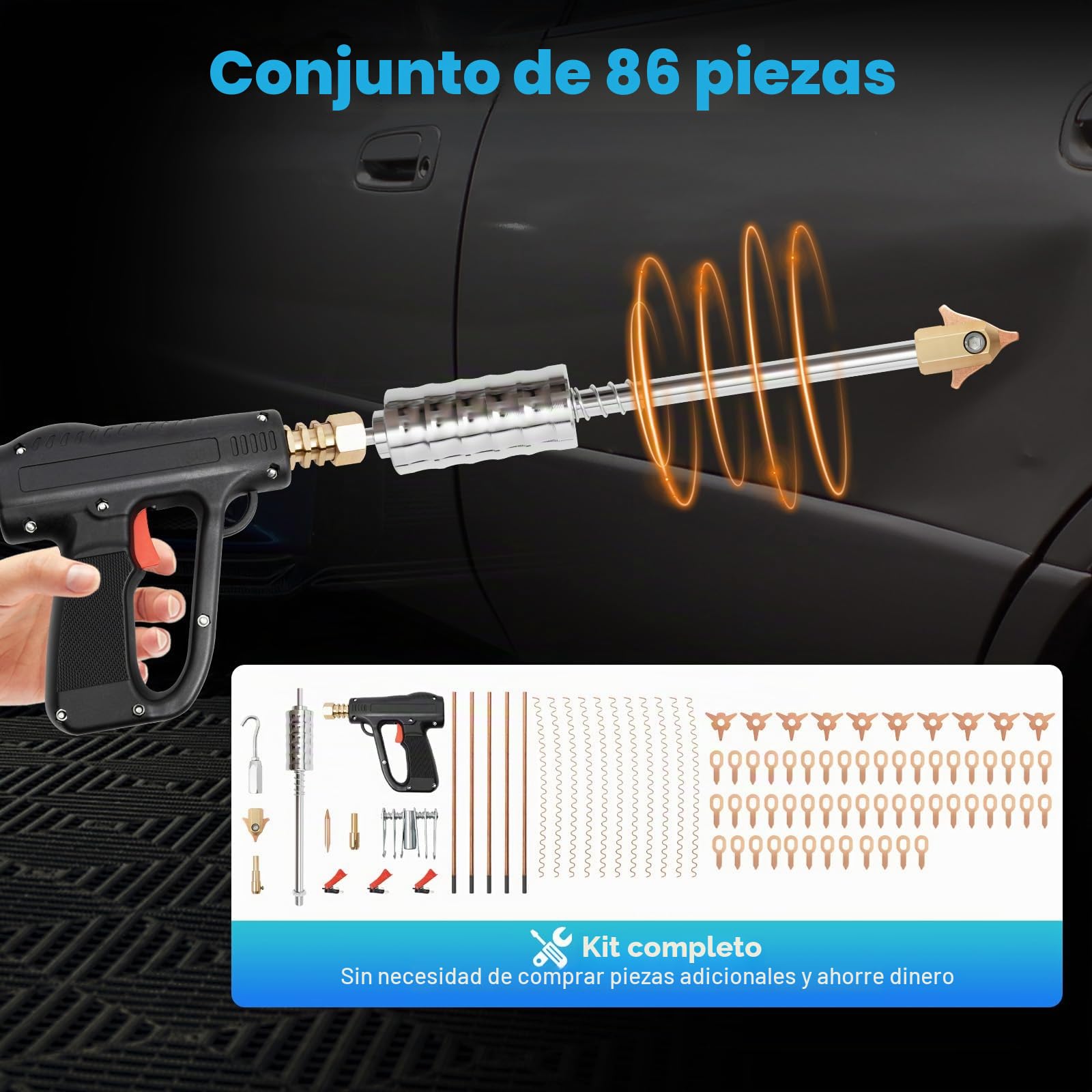 Juego de herramientas para quitar abolladuras de 86 piezas - Caja de accesorios Spotter, electrodos de soldadura por puntos, soldador Spotter, kit de reparación y extracción de abolladuras