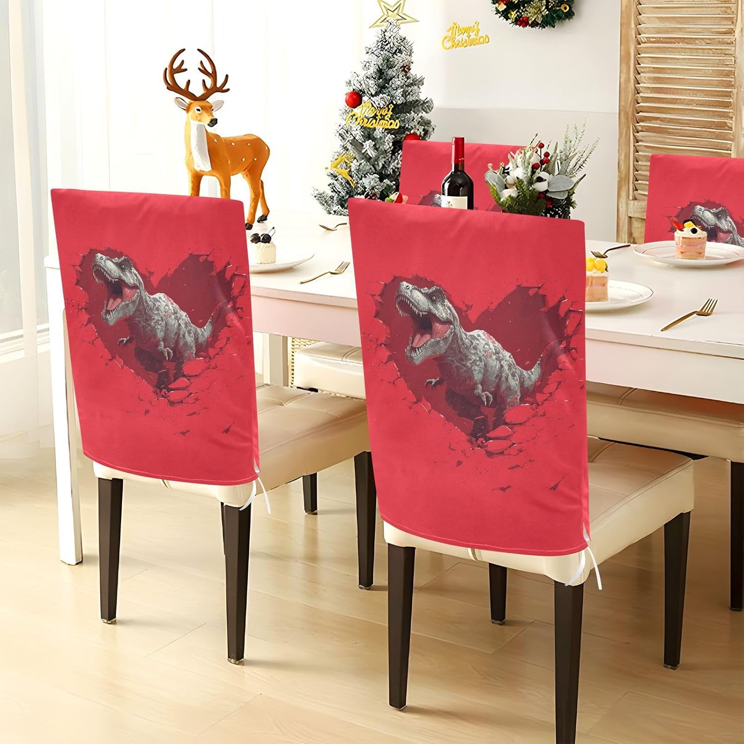 ALAZA Dinosaur Red Hearts Chair Back Cover Set of 6, Washable Reusable Removable Chair Slipcovers Decorative Chair Cover for Home Kitchen Wedding Party