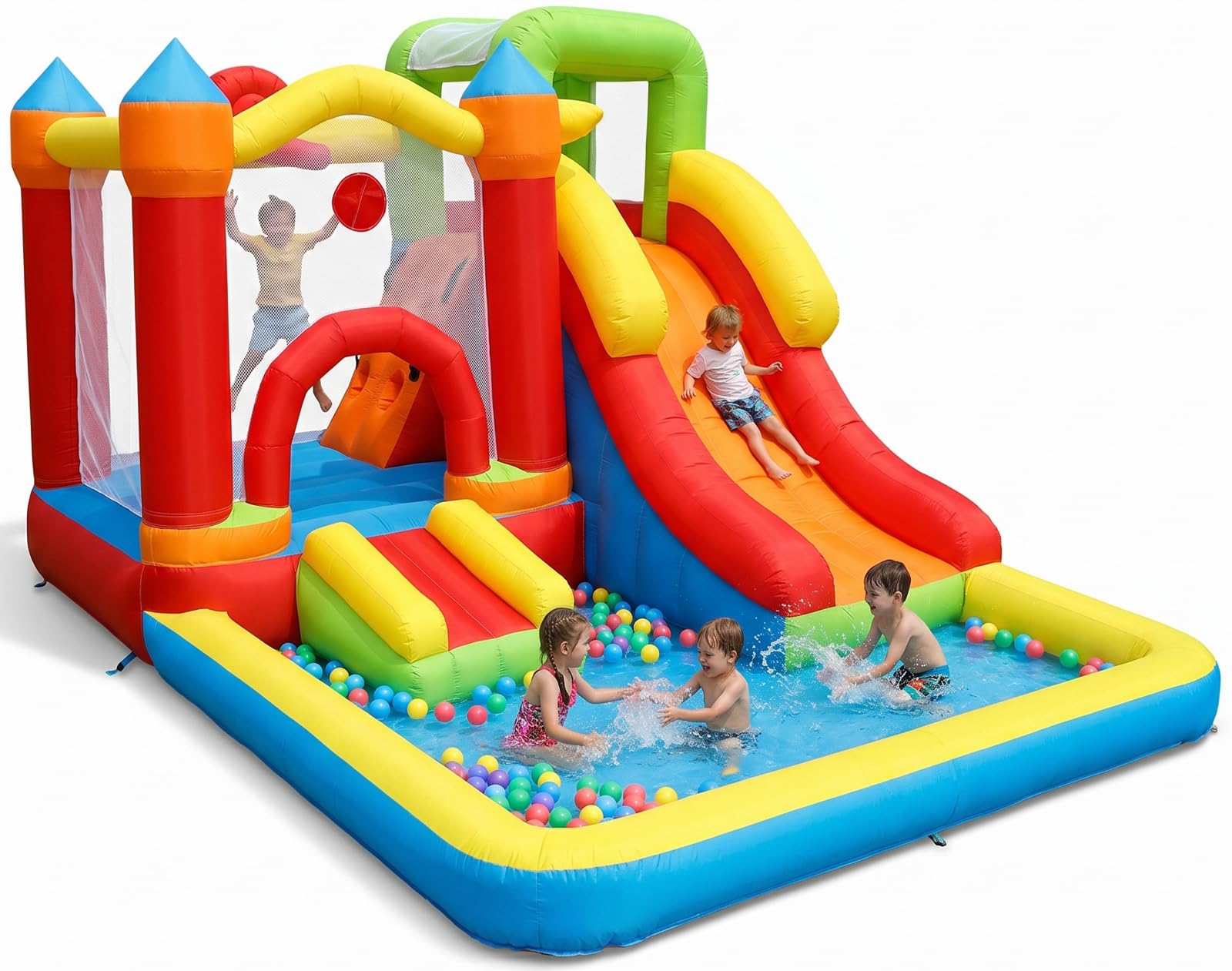 Casa de rebote con hoyo de bolas, castillo hinchable 7 en 1 con soplador, pared de escalada, tobogán y aro de baloncesto para patio trasero, patio de juegos para niños pequeños de 3 a 10 años de edad