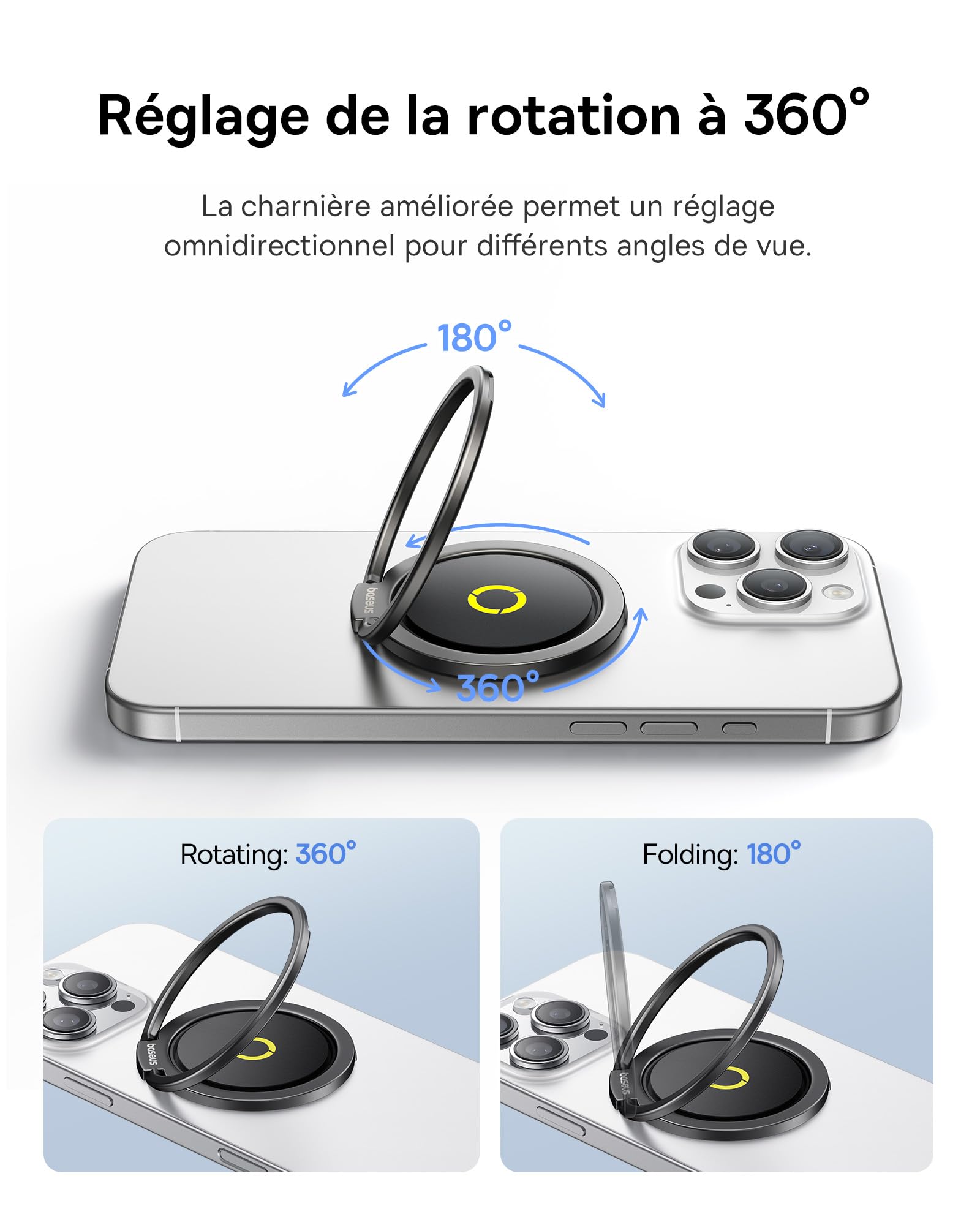 Baseus MagPro II Anneau iPhone Magnétique pour MagSafe, 7.5N Support Anneau Magnétique, 360 ° Rotation Doigt Poignée Support pour iPhone 16 15 14 13 12 Pro Max