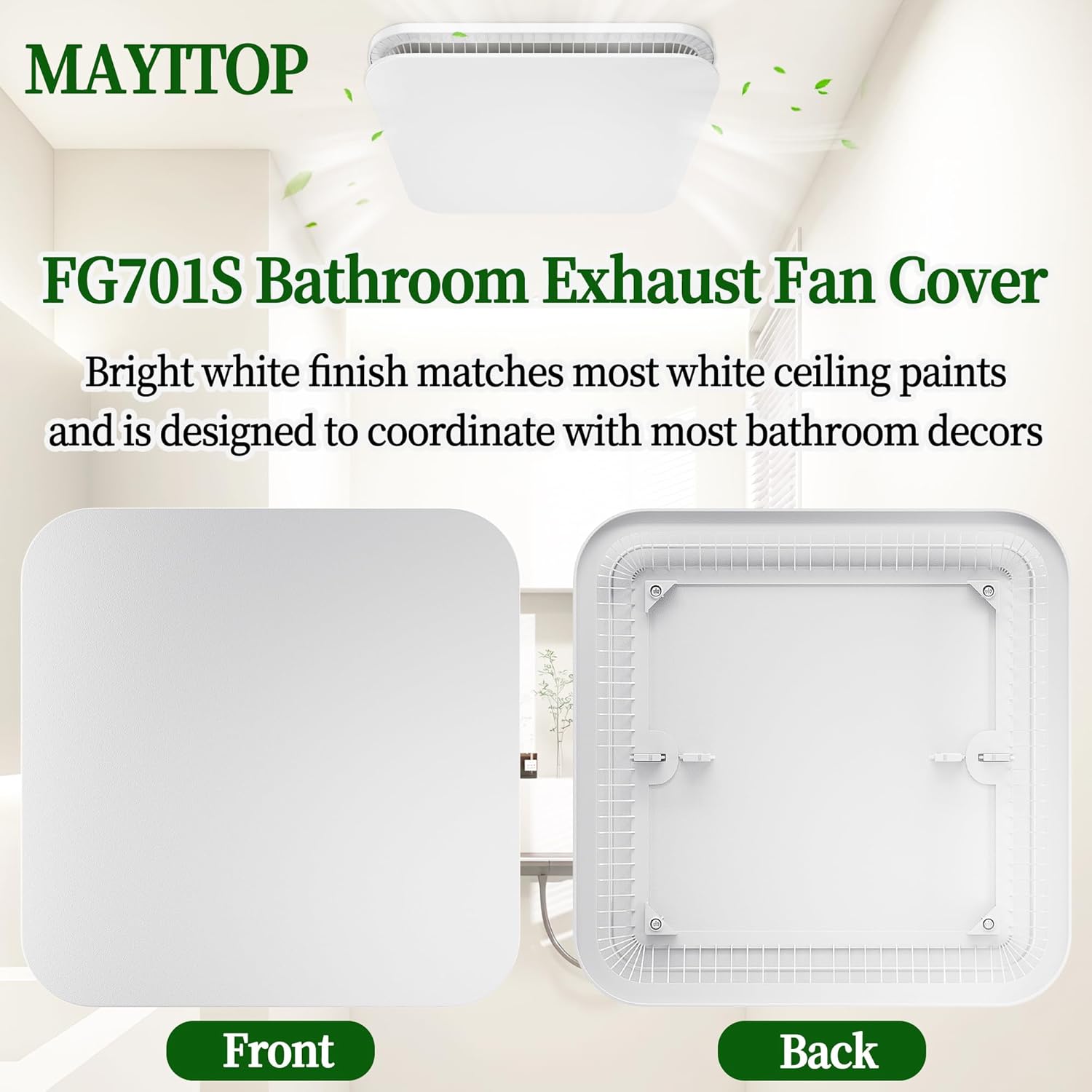 FG701S Universal Update Bathroom Fan Cover with Springs Compatible with Bro-an-NuT-one Small/Medium/Large Size Vent fans,Bathroom Ceiling Square Fan Cover Replacement (White) 13.25" x 13.25" x 1.3"