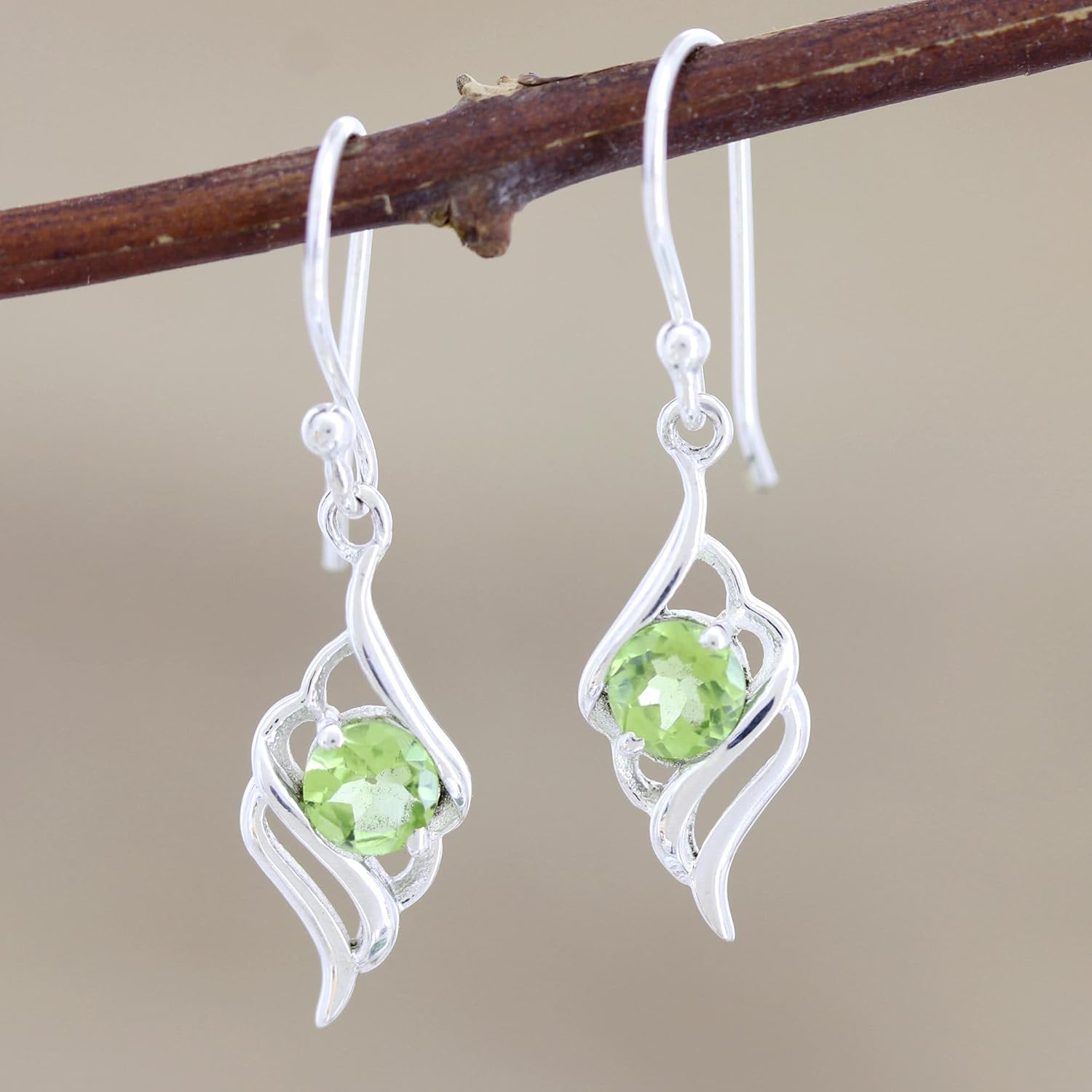 NOVICA Artisan Handmade Peridot Dangle Earrings | .925 Sterling Silver | Indian Gemstone Jewelry | August Birthstone | 'Leafy Green' | 1.3" L x 0.3" W