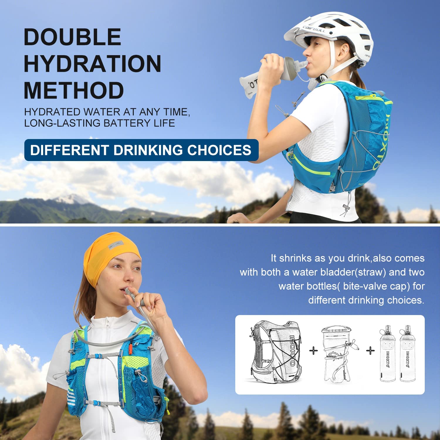 INOXTO Chaleco de hidratación ligero para correr, mochila de hidratación con bolsa de agua de 1.5 L y botella de agua plegable suave de 450 ml para senderismo, correr, ciclismo, carreras para mujeres