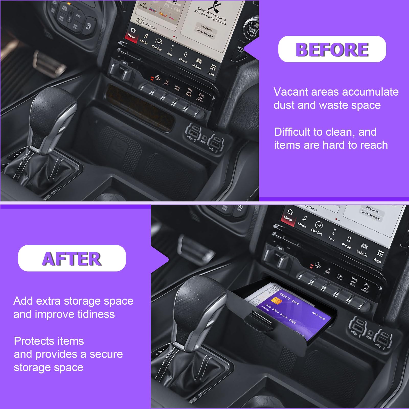 RUNROAD Center Console Organizer Tray Compatible with 2019-2024 2025 2026 Dodge Ram 1500 2500 3500 Accessories, Armrest Drawer Tray Console for Ram 1500 2500 3500 Hidden Drawer, Cubby Models Only - 3