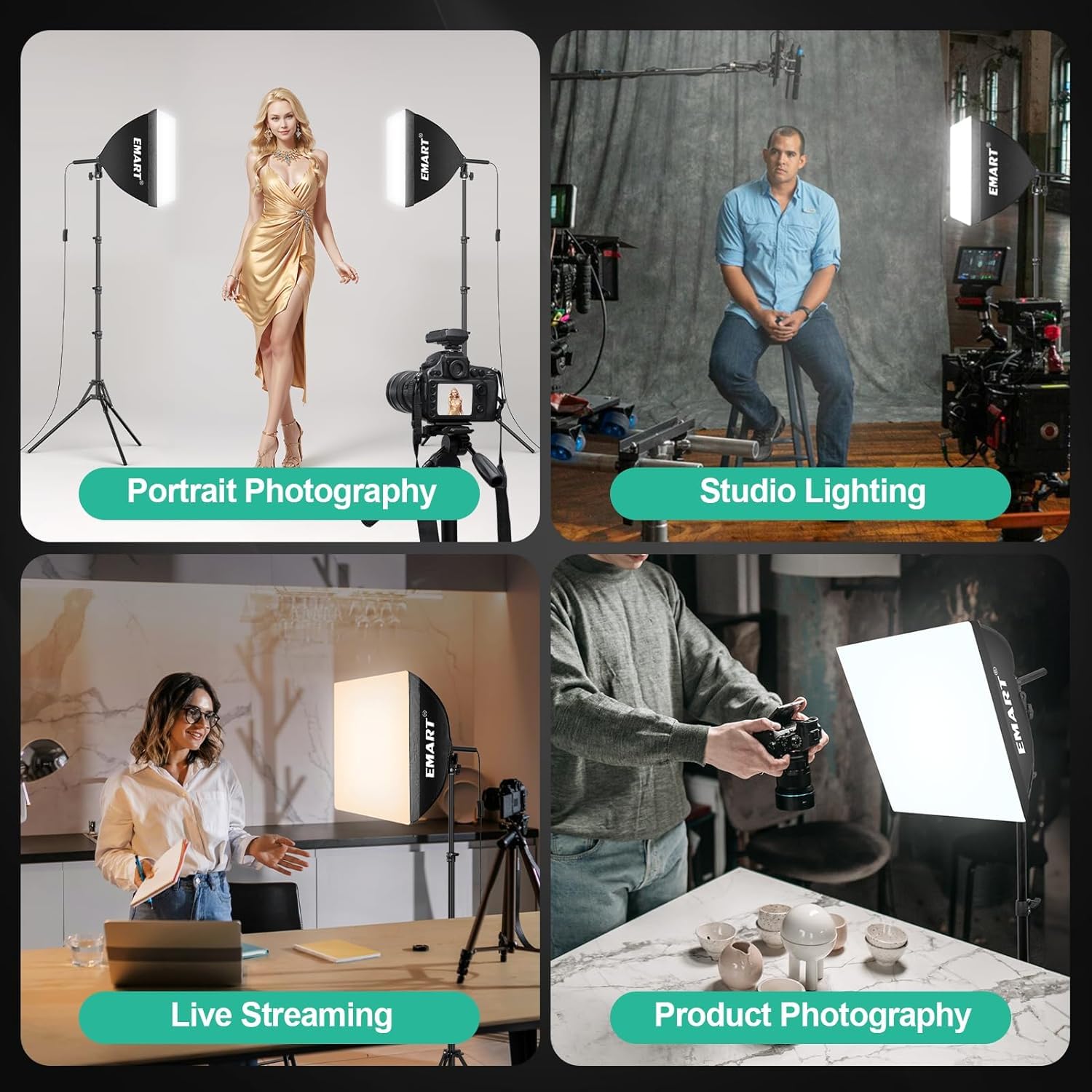 EMART Softbox Fotostudio Set 40 x 40cm, Soft Box Beleuchtung 2 x 50W 3000-6000K LED Studio Licht Kit für Studio Porträts,Video, Fotografie