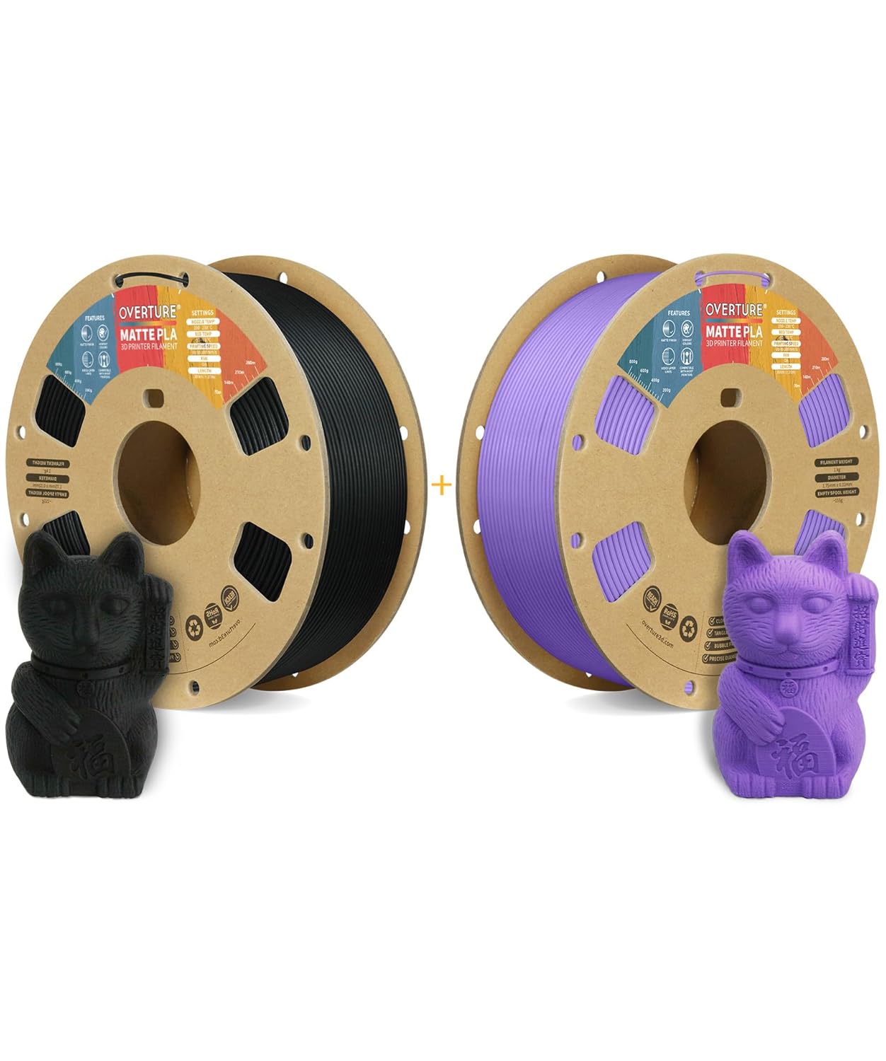 OVERTURE 3D Printer Filament 2kg, Matte PLA Filament Fit Most FDM 3D Printers, 1kg per Spool, Pack of 2, Matte PLA Matte Black+Matte PLA Matte Purple
