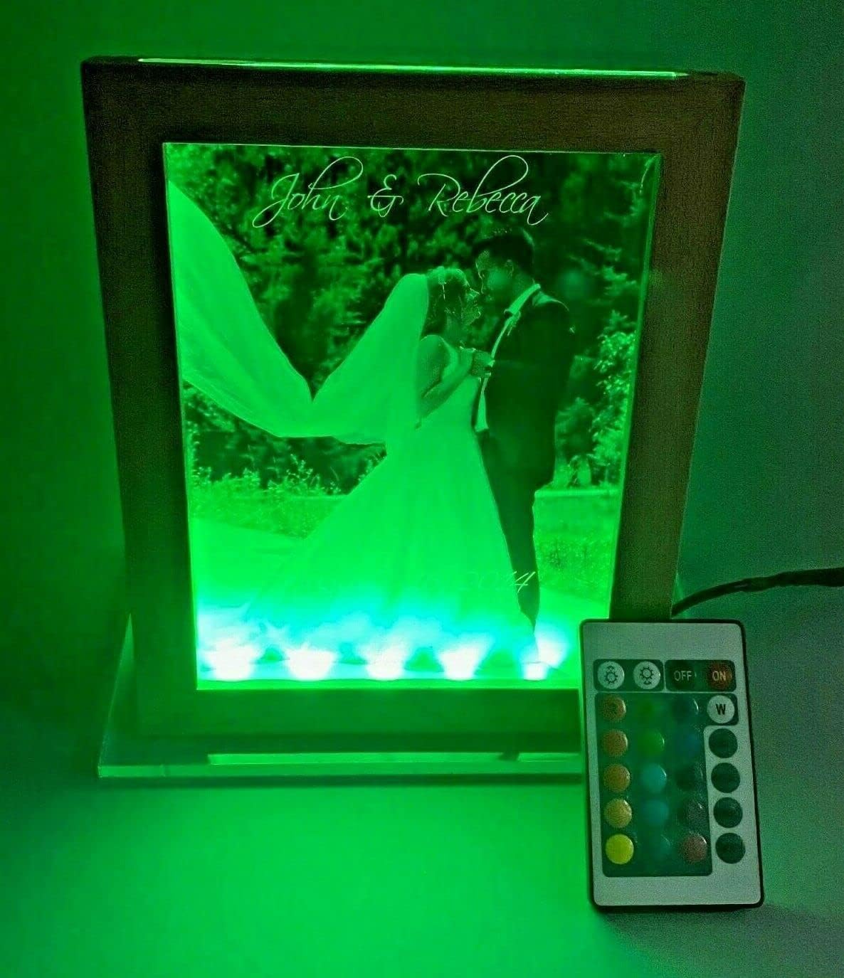 Large Custom Free Standing Premium Wood Picture Photo Frame With Your Photo UV Printed LED 7" x 8.75" Desk Table Light Personalized Laser Engraved With Remote, 16 Colors Changing - It's WOW