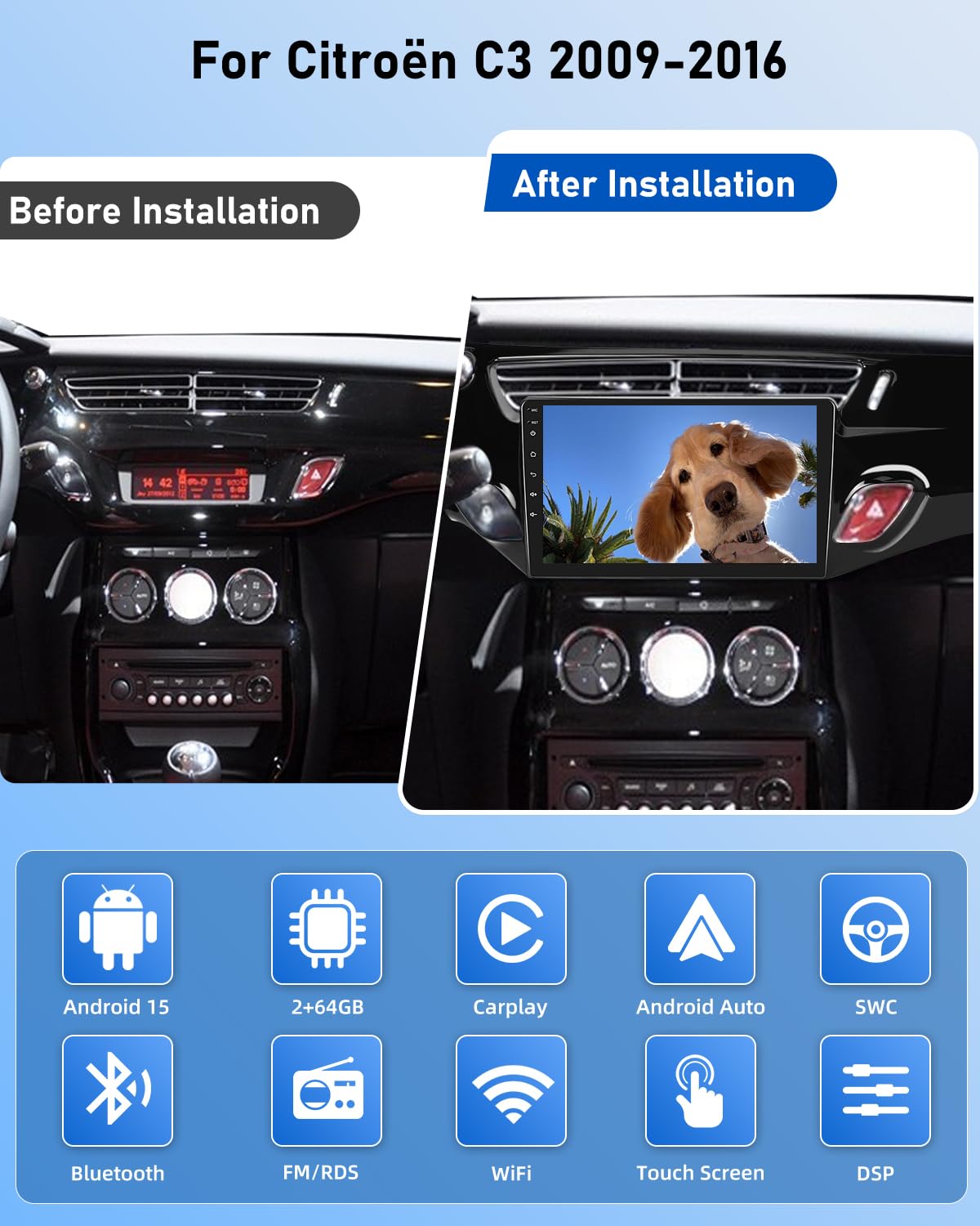 NHOPEEW Autoradio Android 2G+64G pour Citroën C3 2009-2016 - sans Fil Carplay & Android Auto - Stéréo Android 9 Pouces avec WiFi GPS FM RDS + AHD Caméra de recul&Mic