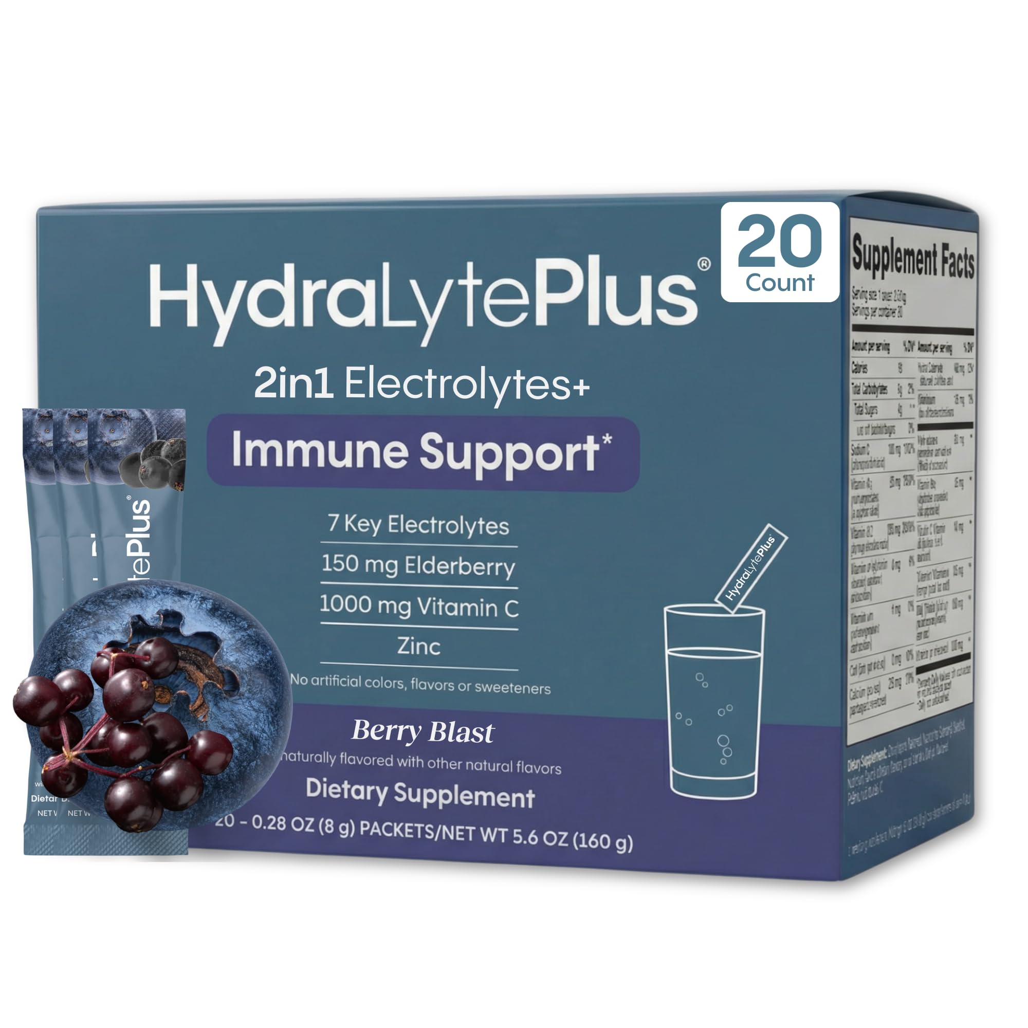 Electrolytes Plus Immunity, Elderberry - Low Sugar Rapid Rehydration Powder - Lightly Sparkling Electrolyte Powder Packets with 1,000mg Vitamin C and 300 mg Elderberry (8oz Serve, 20 Count)