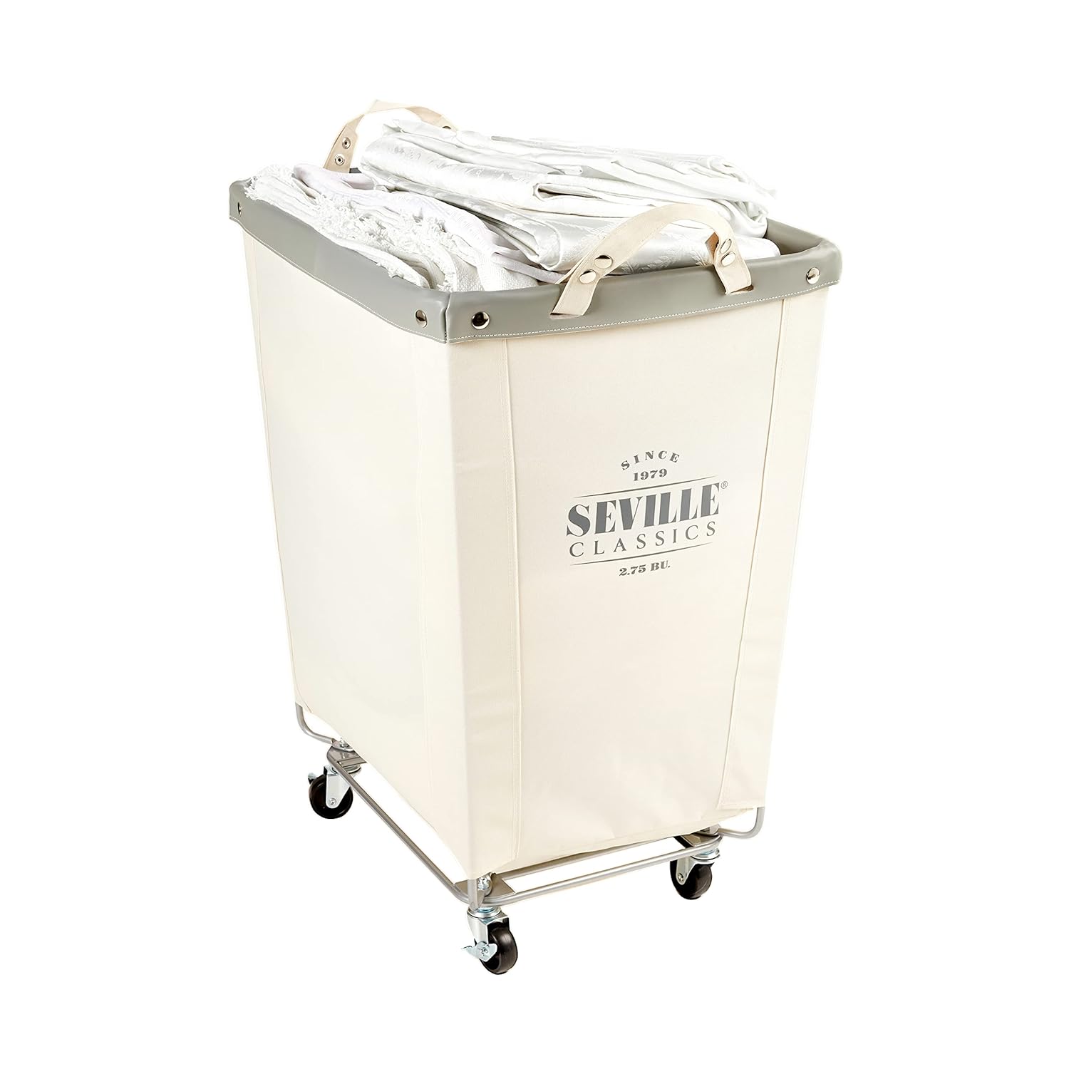 Seville Classics Large Commercial Heavy Duty Rolling Steel Frame Laundry Hamper Canvas Cart Bin, w/Wheels for Hotel, Home, Closet, Bedroom (PATENTED), Cream, 22" D x 16" W
